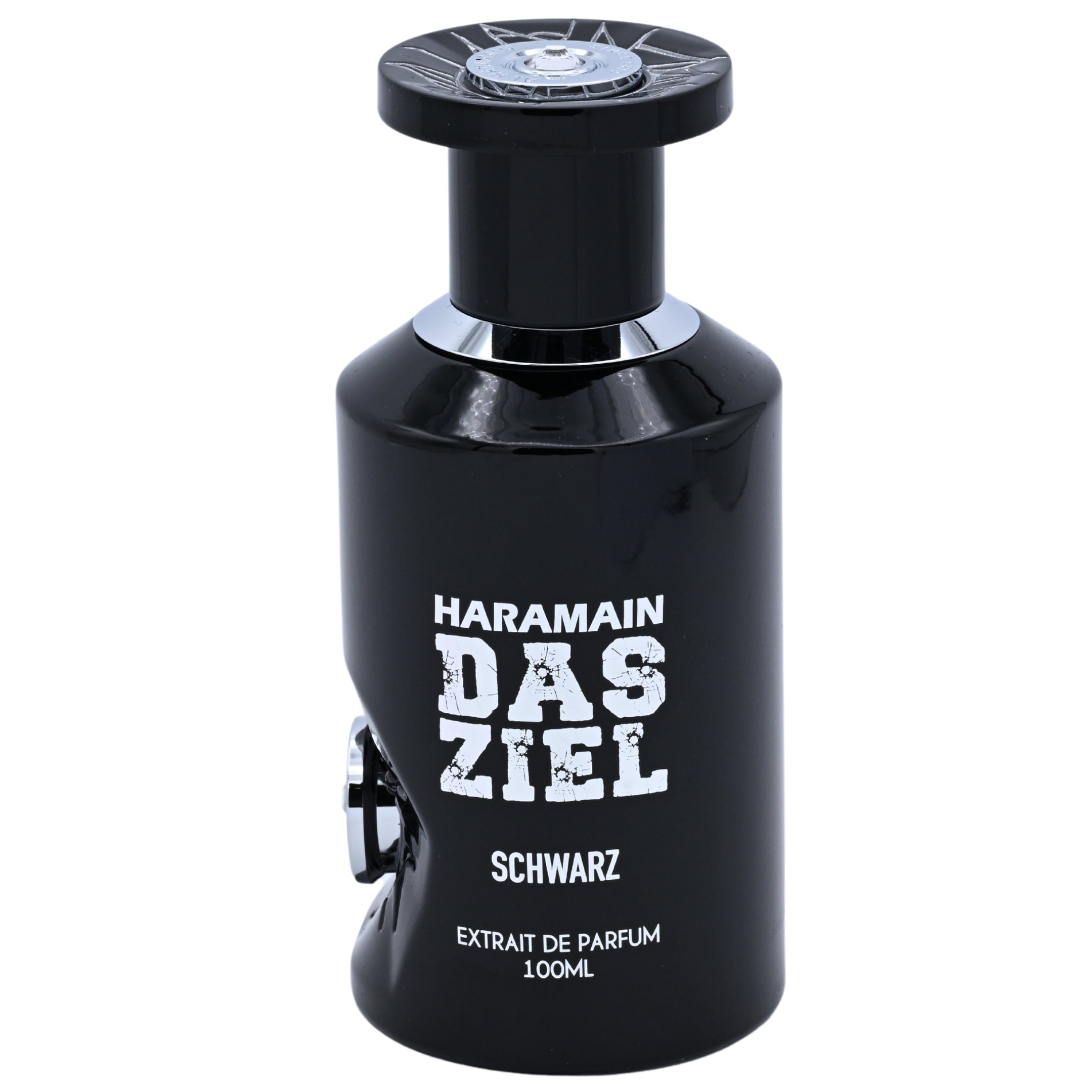 Black perfume bottle with white text on a white background