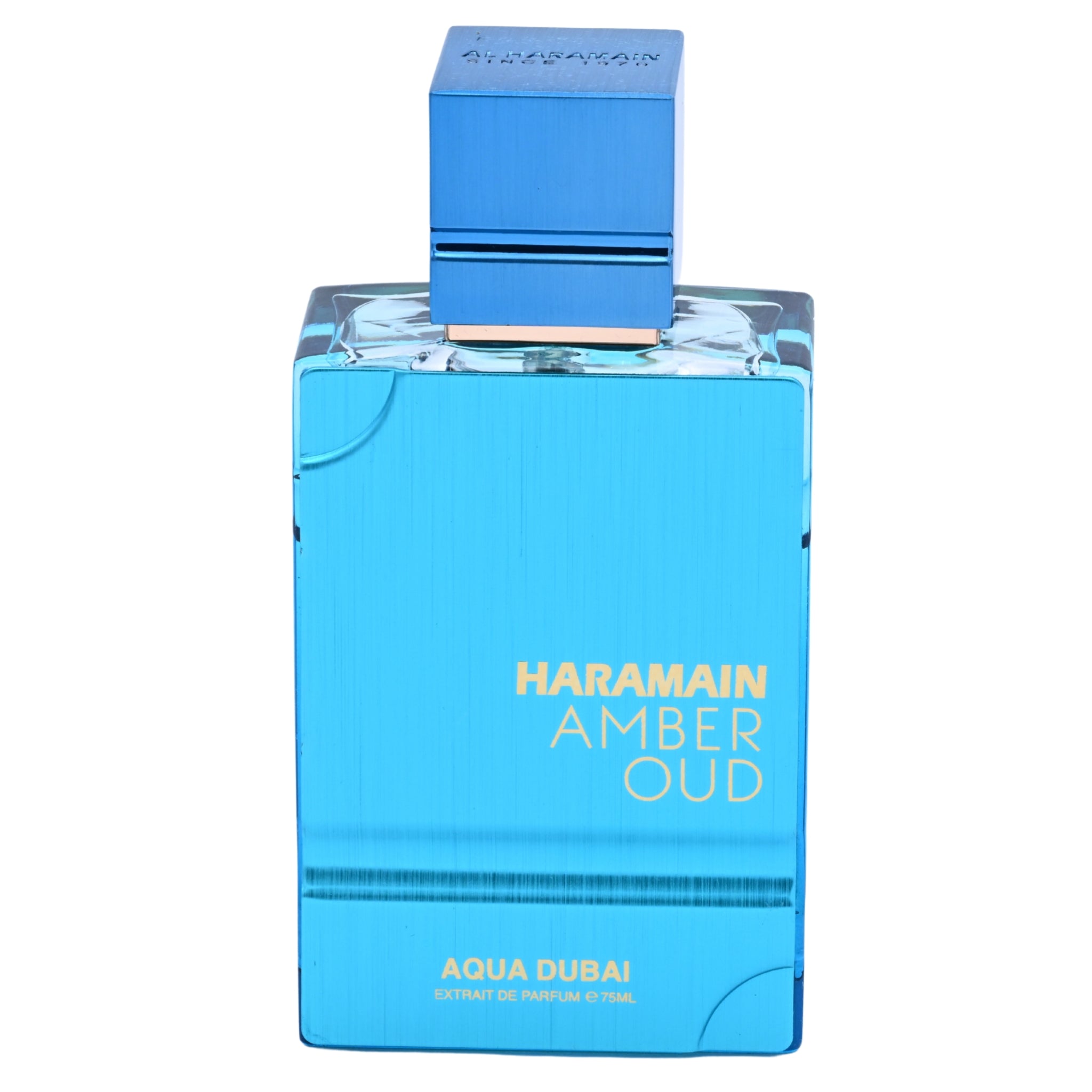 Blue perfume bottle with 'Haramain Amber Oud Aqua Dubai' text on a white background