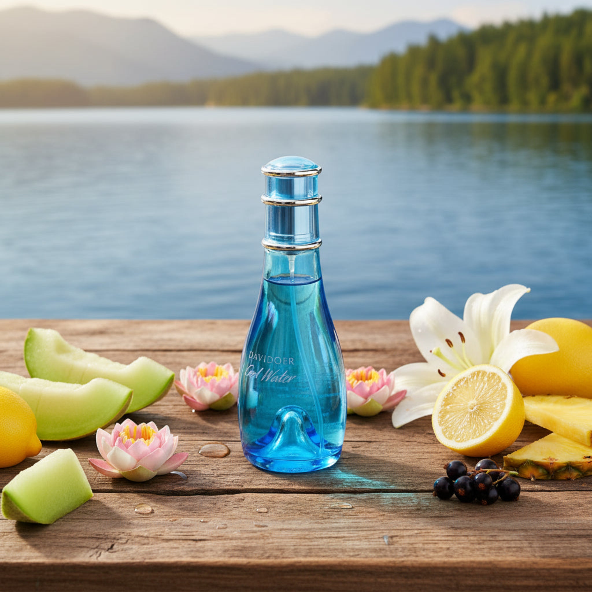 Blue bottle of water on a wooden table with fruits and flowers by a lake
