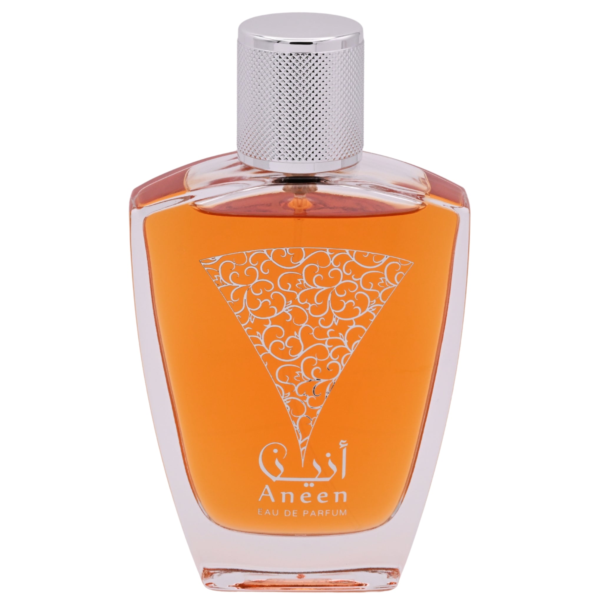 Orange Aneen perfume bottle with silver cap on a white background