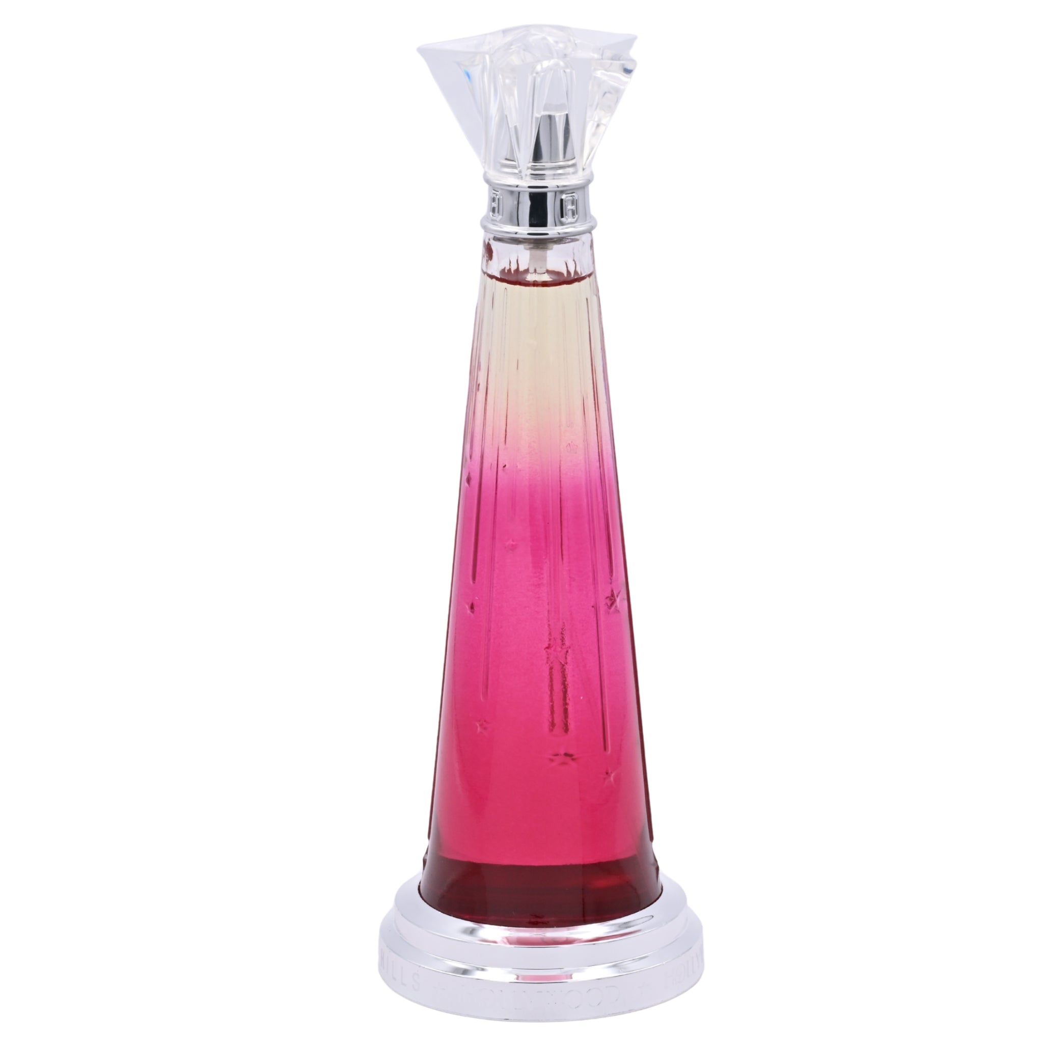 Gradient pink to clear perfume bottle on a white background