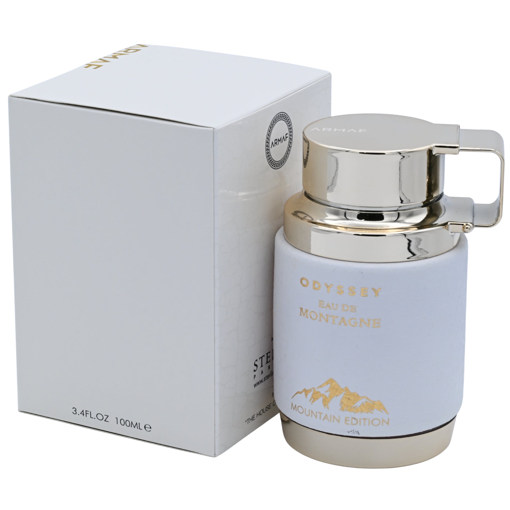 Perfume bottle with silver cap and white packaging on a white background