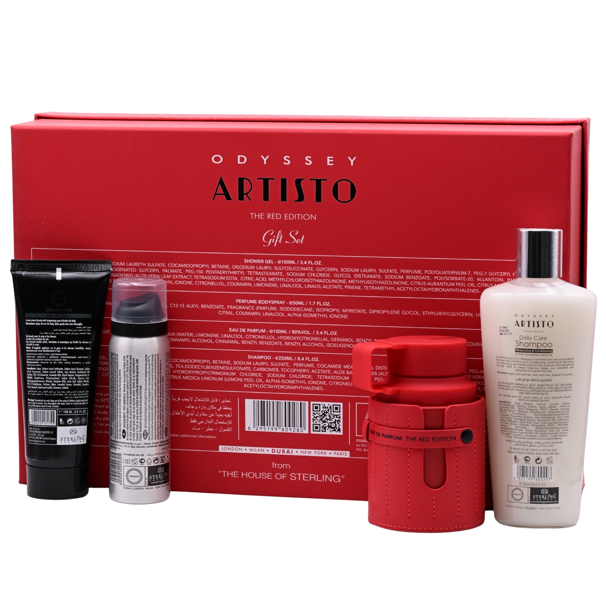 Odyssey Artisto gift set with various products in front of a red box