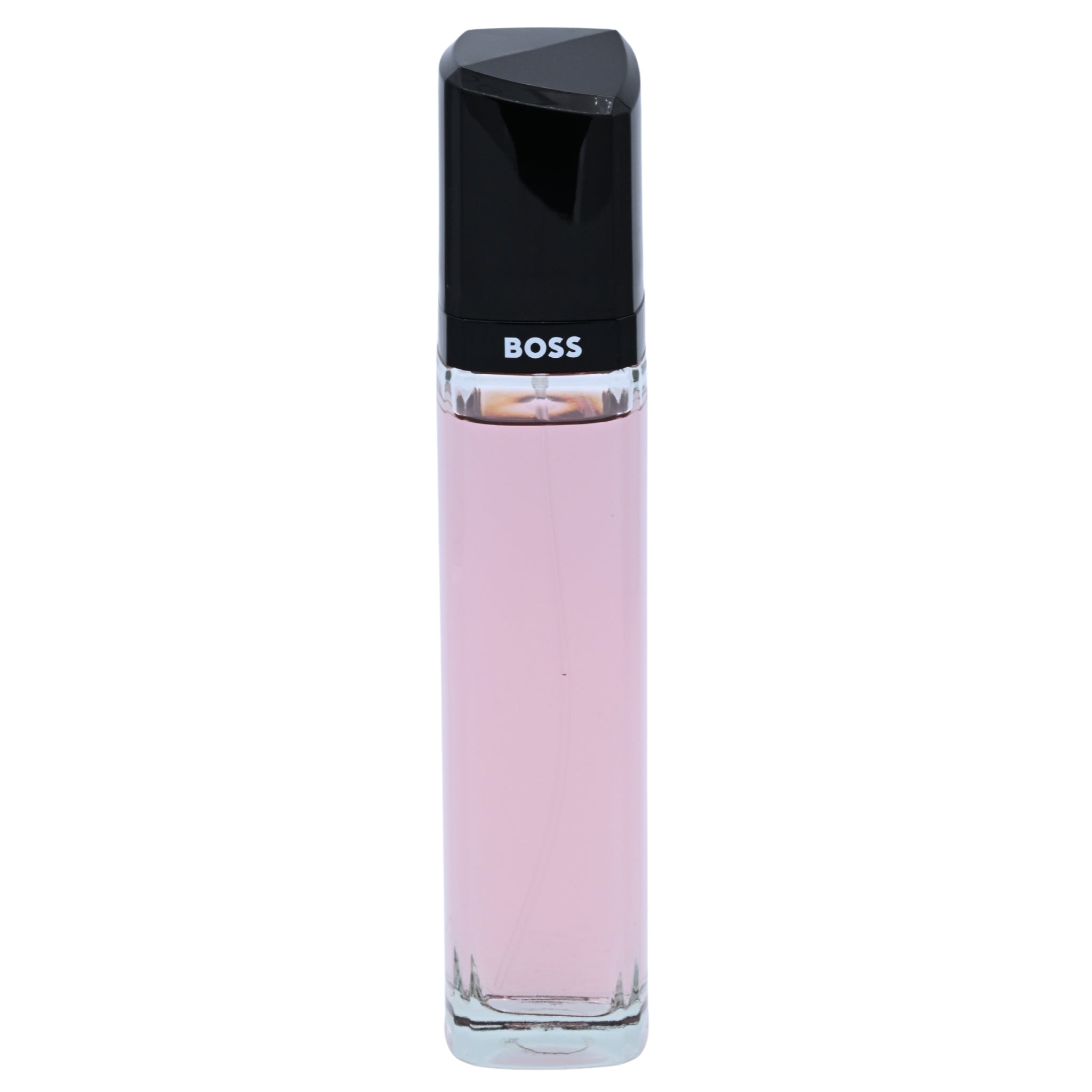 Pink perfume bottle with black cap on a white background