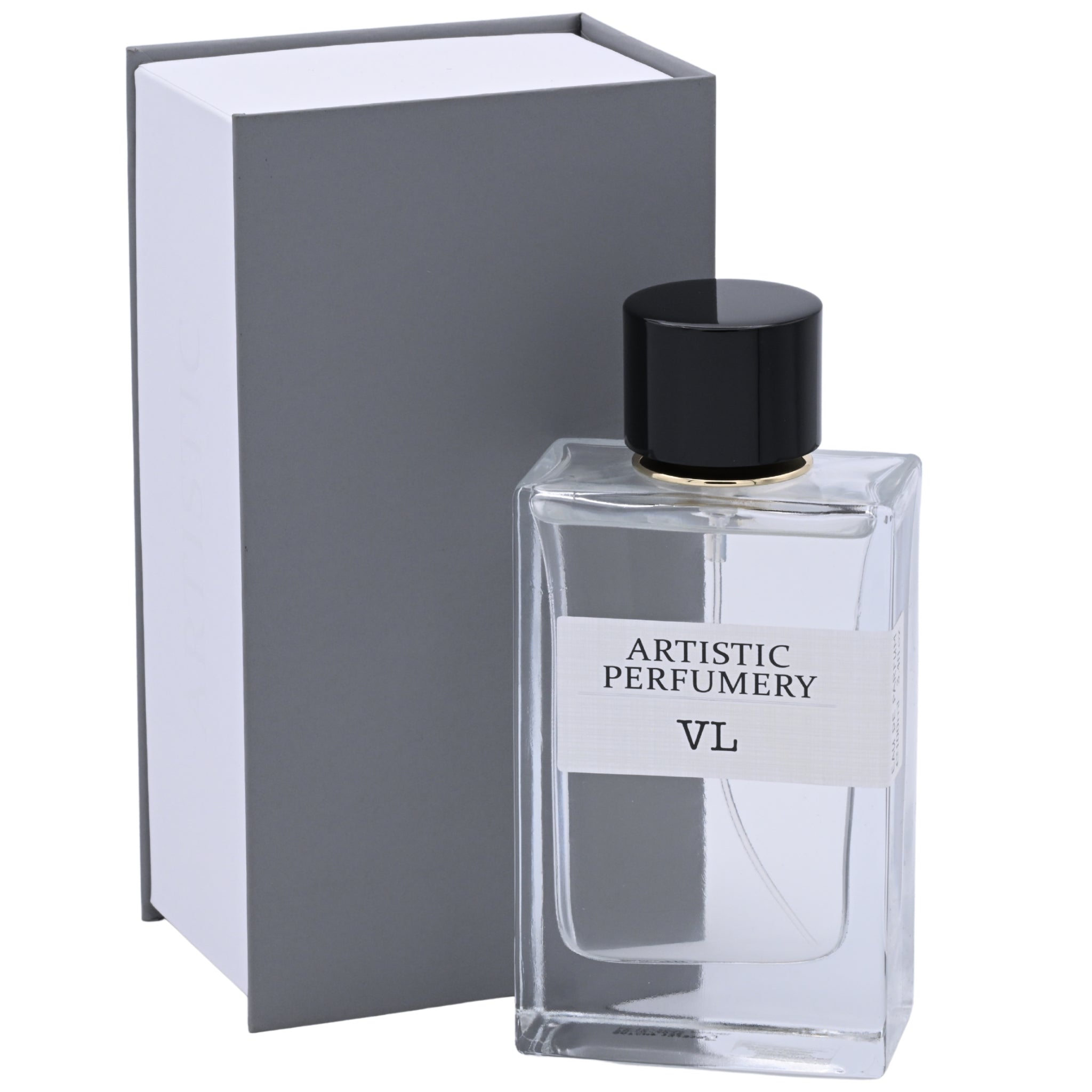 Perfume bottle labeled 'Artistic Perfumery VL' with a gray box on a white background