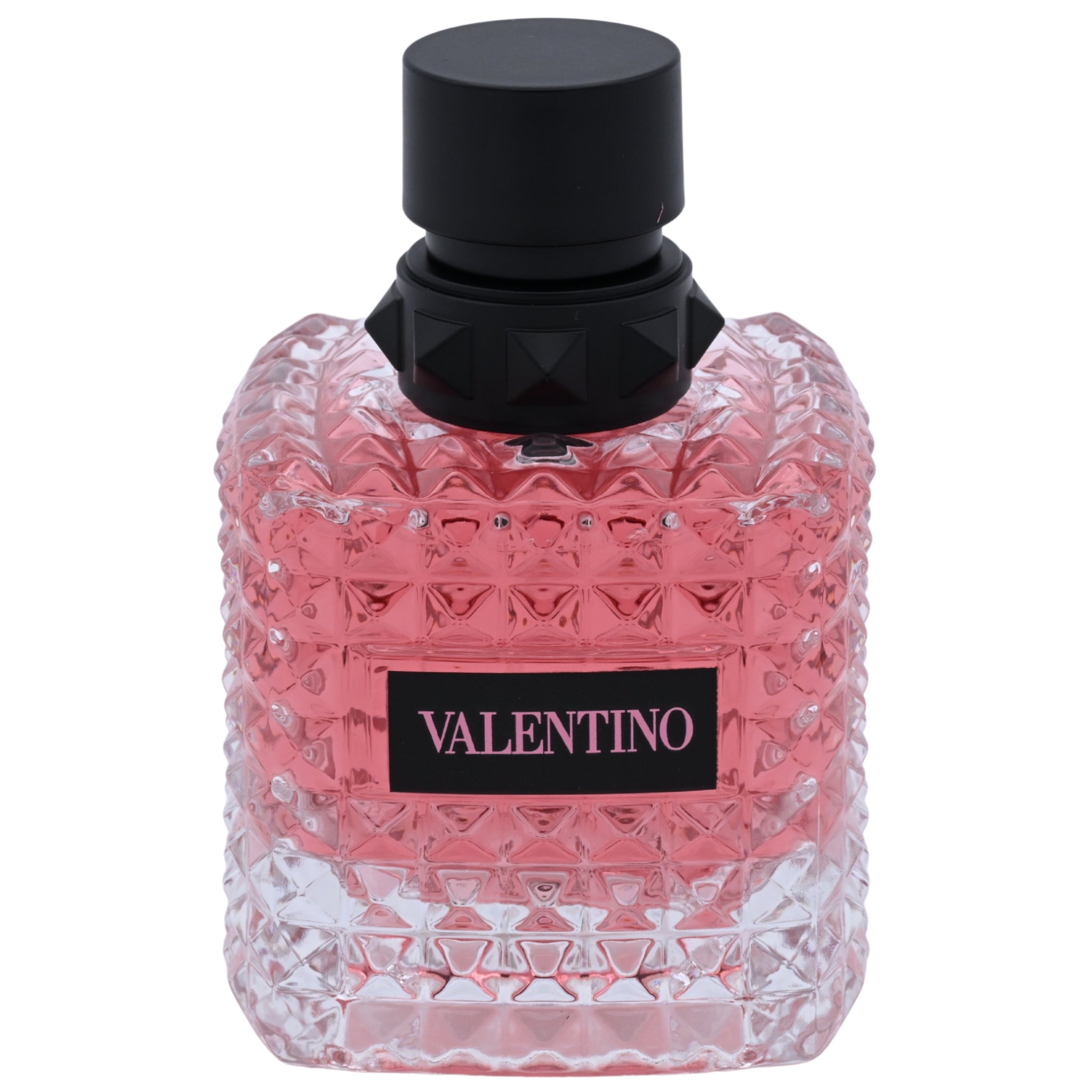 Pink Valentina perfume bottle with black cap on a white background