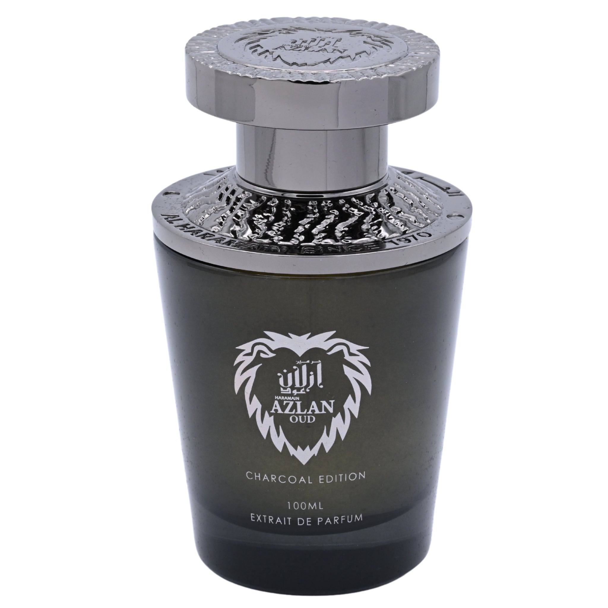 Perfume bottle with silver cap on a white background