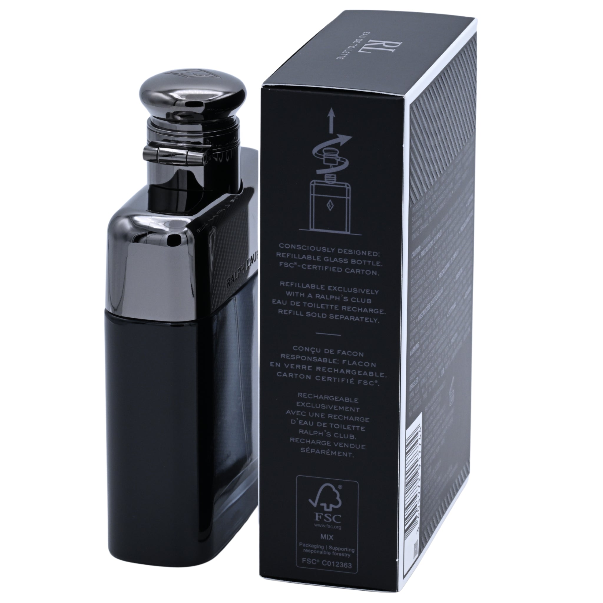 Black perfume bottle with packaging on a white background