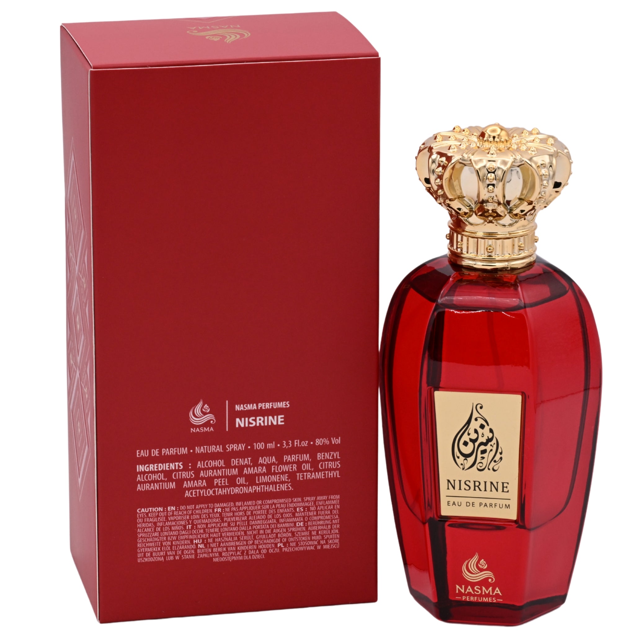 Red Nisrine perfume bottle with gold cap and packaging on a white background