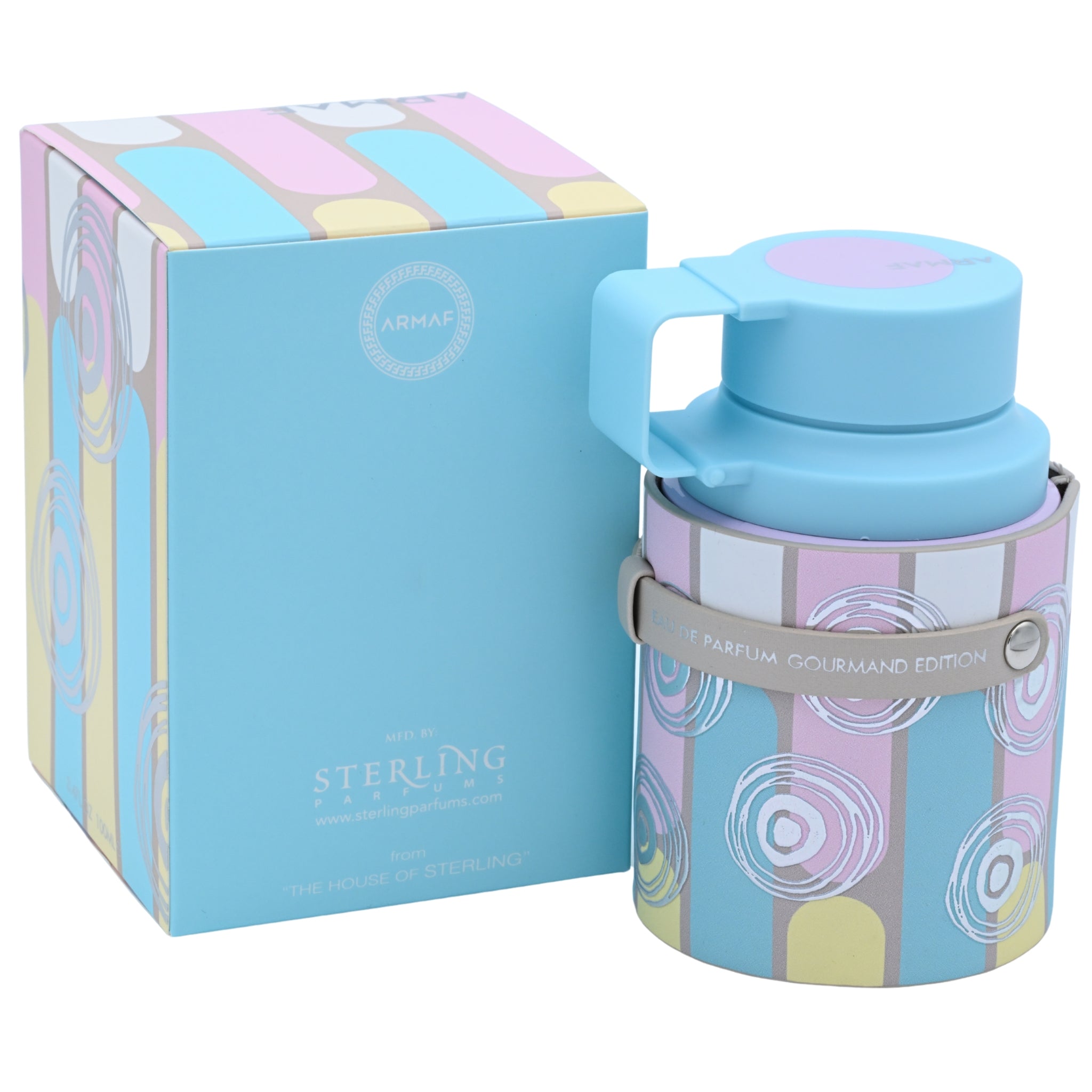 Blue thermos with pastel design packaging on a white background