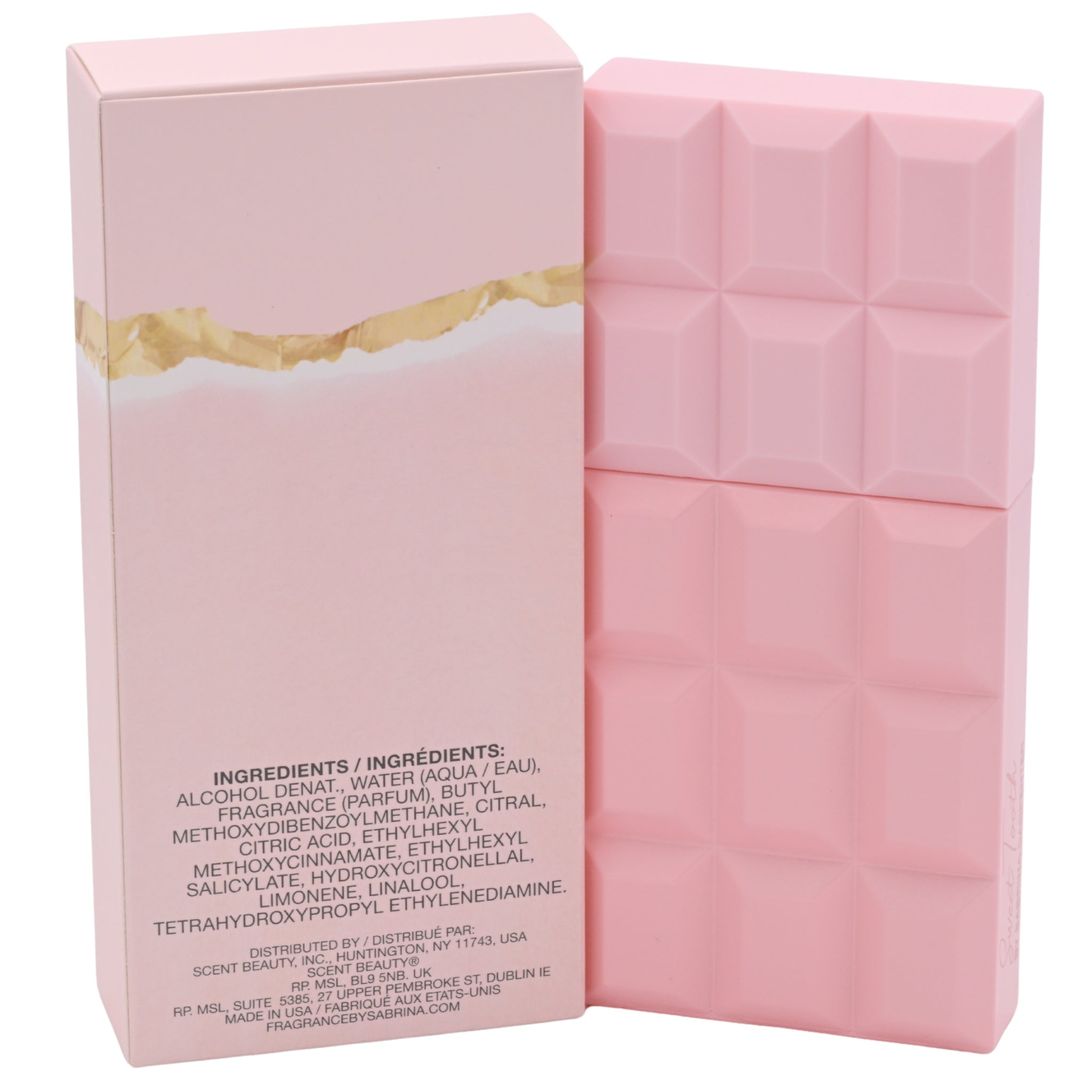 Pink perfume bottle with packaging displaying ingredient list on a white background