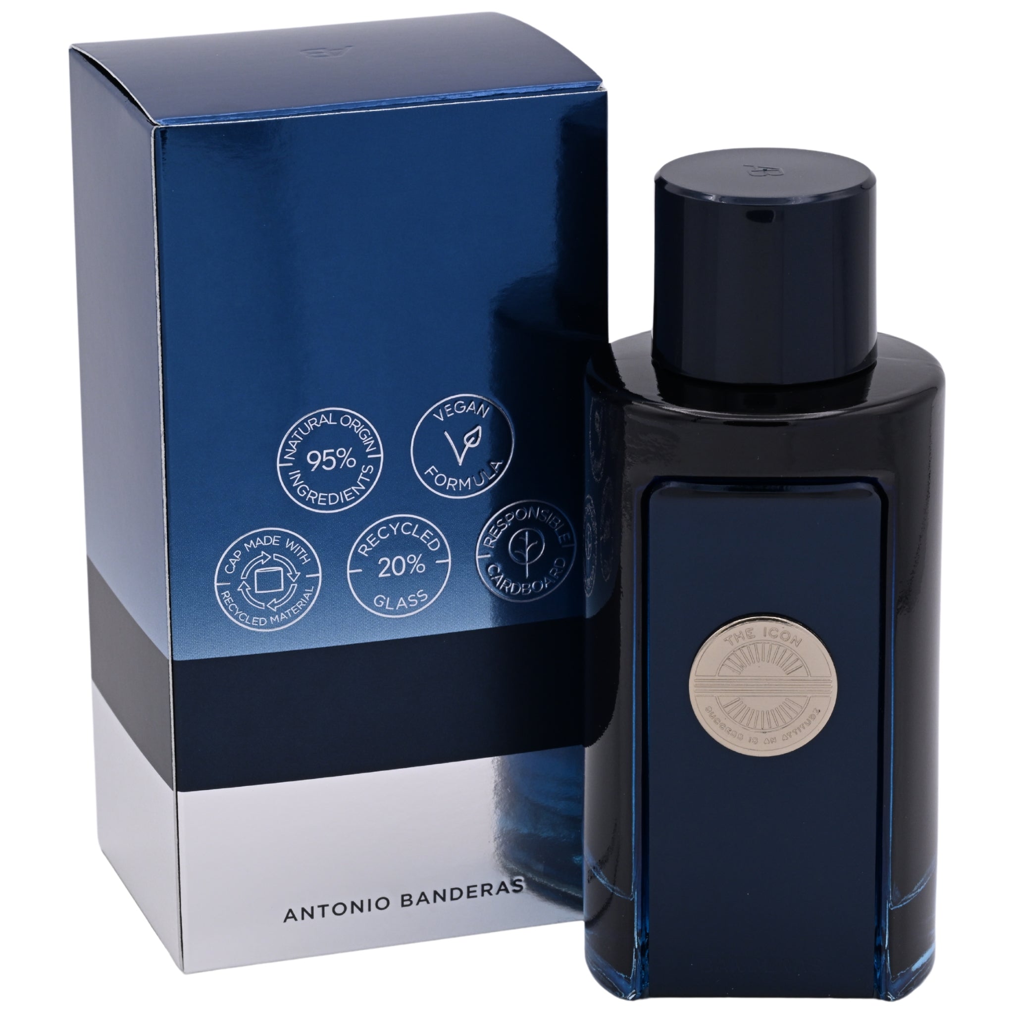 Blue perfume bottle and packaging with 'Antonio Banderas' branding on a white background