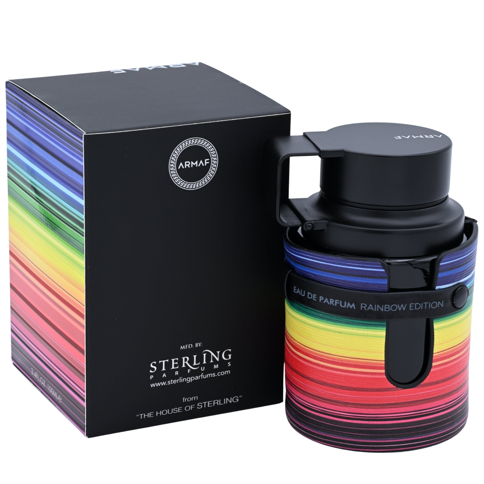 Colorful perfume bottle with rainbow design and black cap next to its packaging on a white background