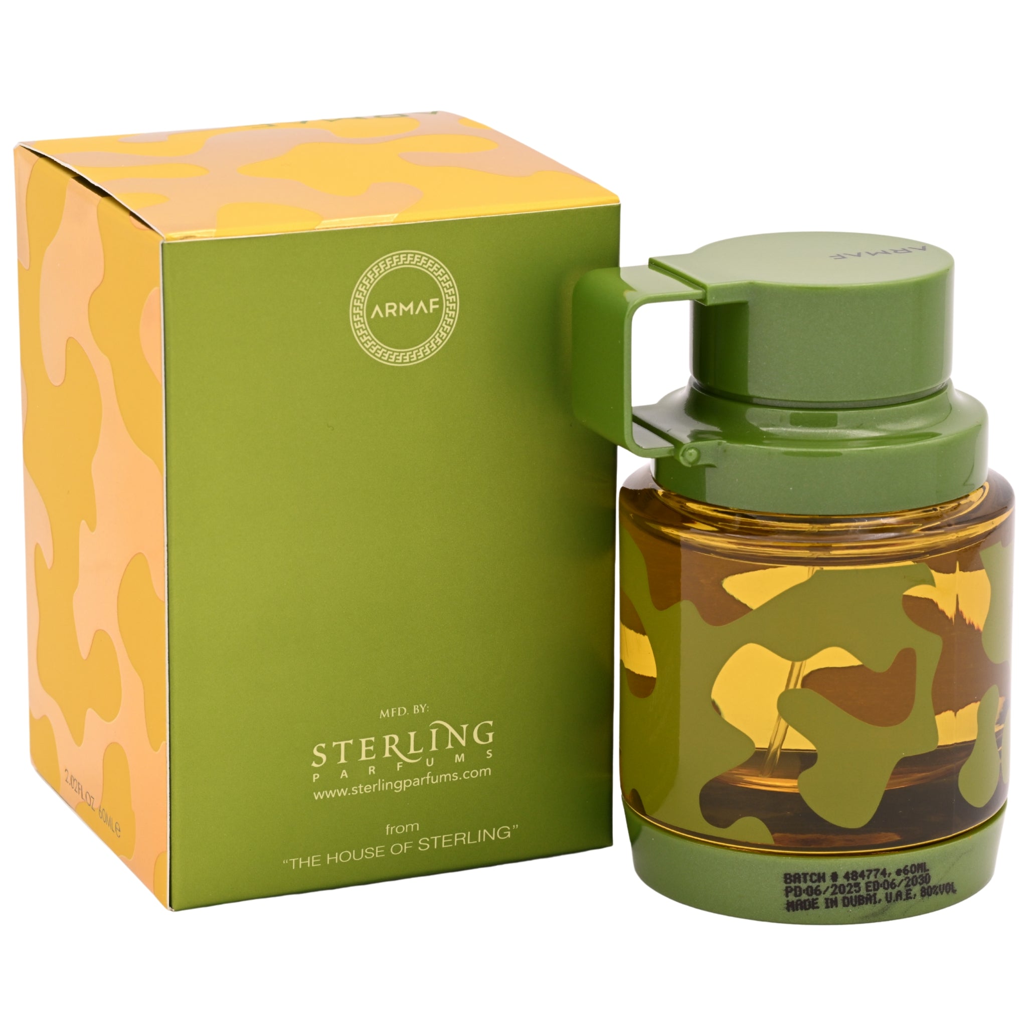 Green and gold camouflage-patterned perfume bottle with matching box, featuring Armaf and Sterling Parfums branding.