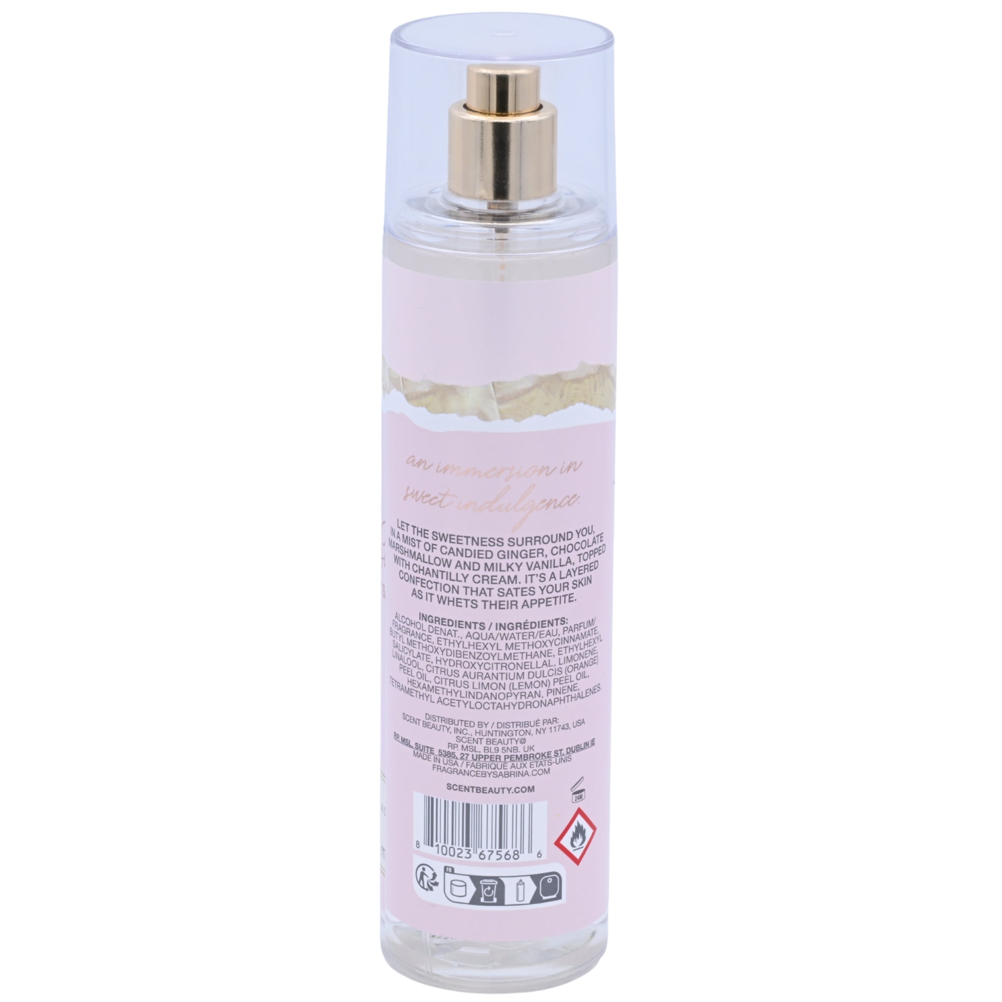 Clear spray bottle with pink label on a white background