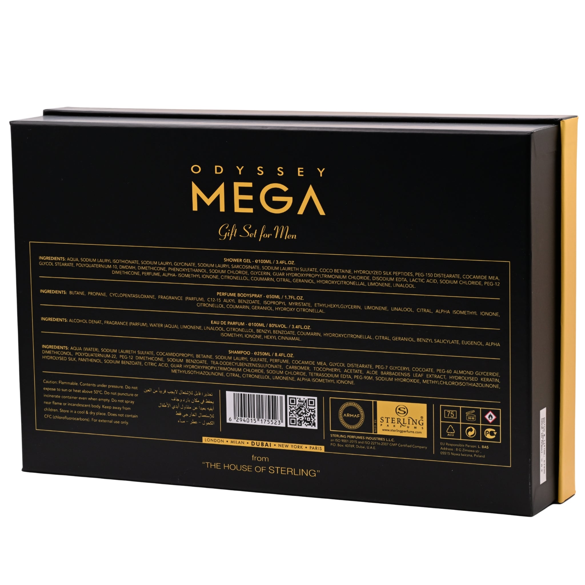 Black and gold Odyssey Mega gift set packaging with text and branding.