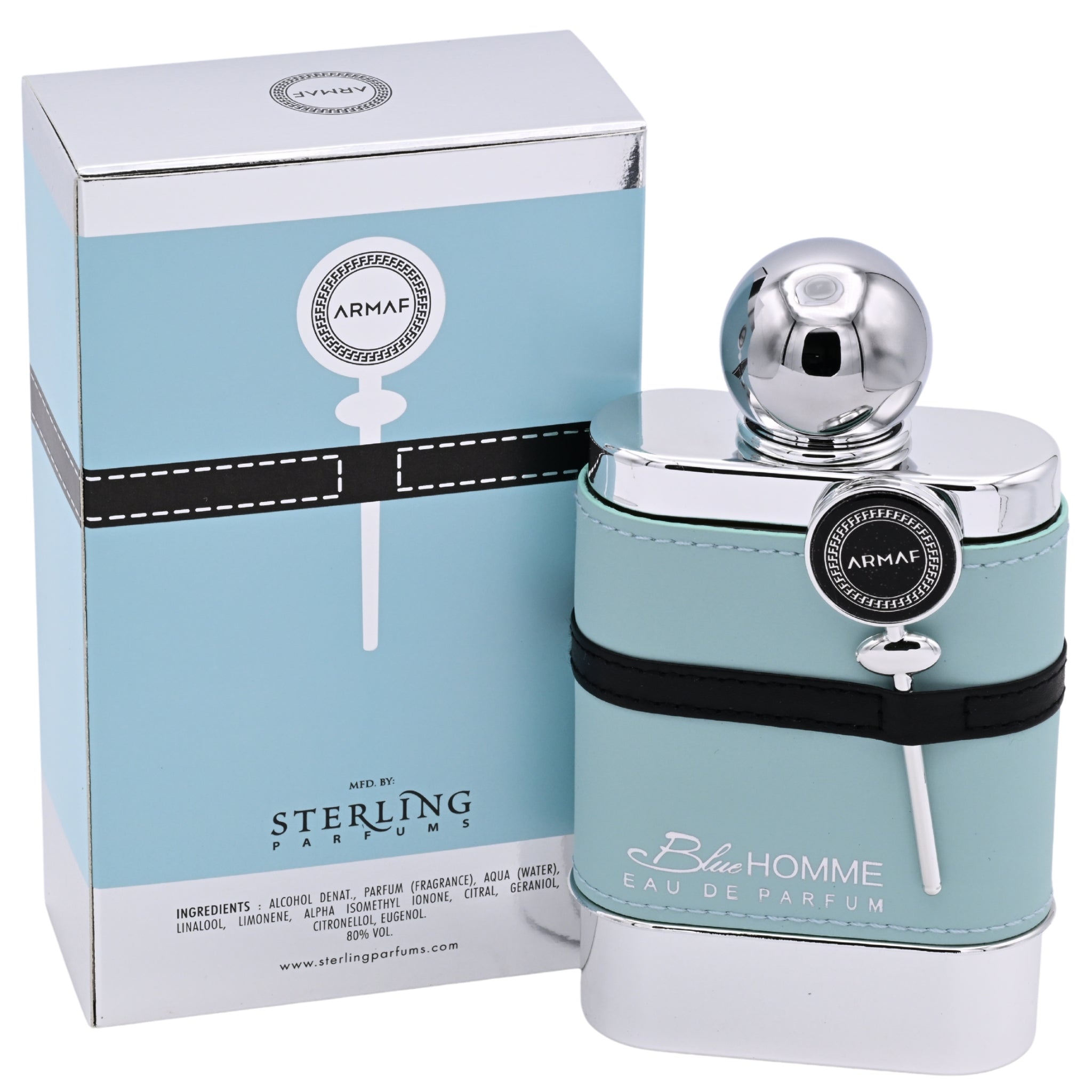 Armaf Blue Homme perfume bottle with packaging on a white background
