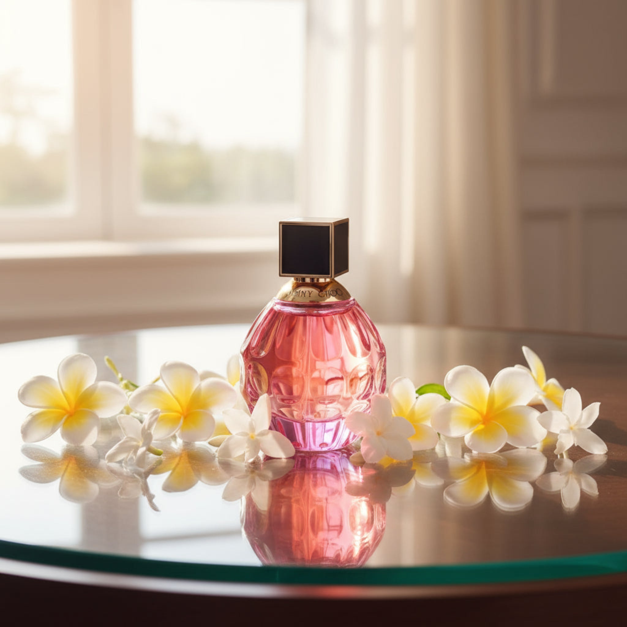 Pink perfume bottle with flowers on a reflective surface