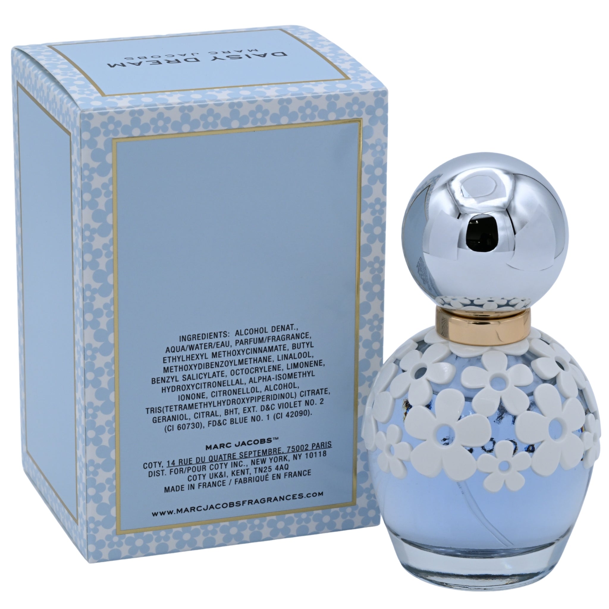 Blue floral perfume bottle with matching box on a white background