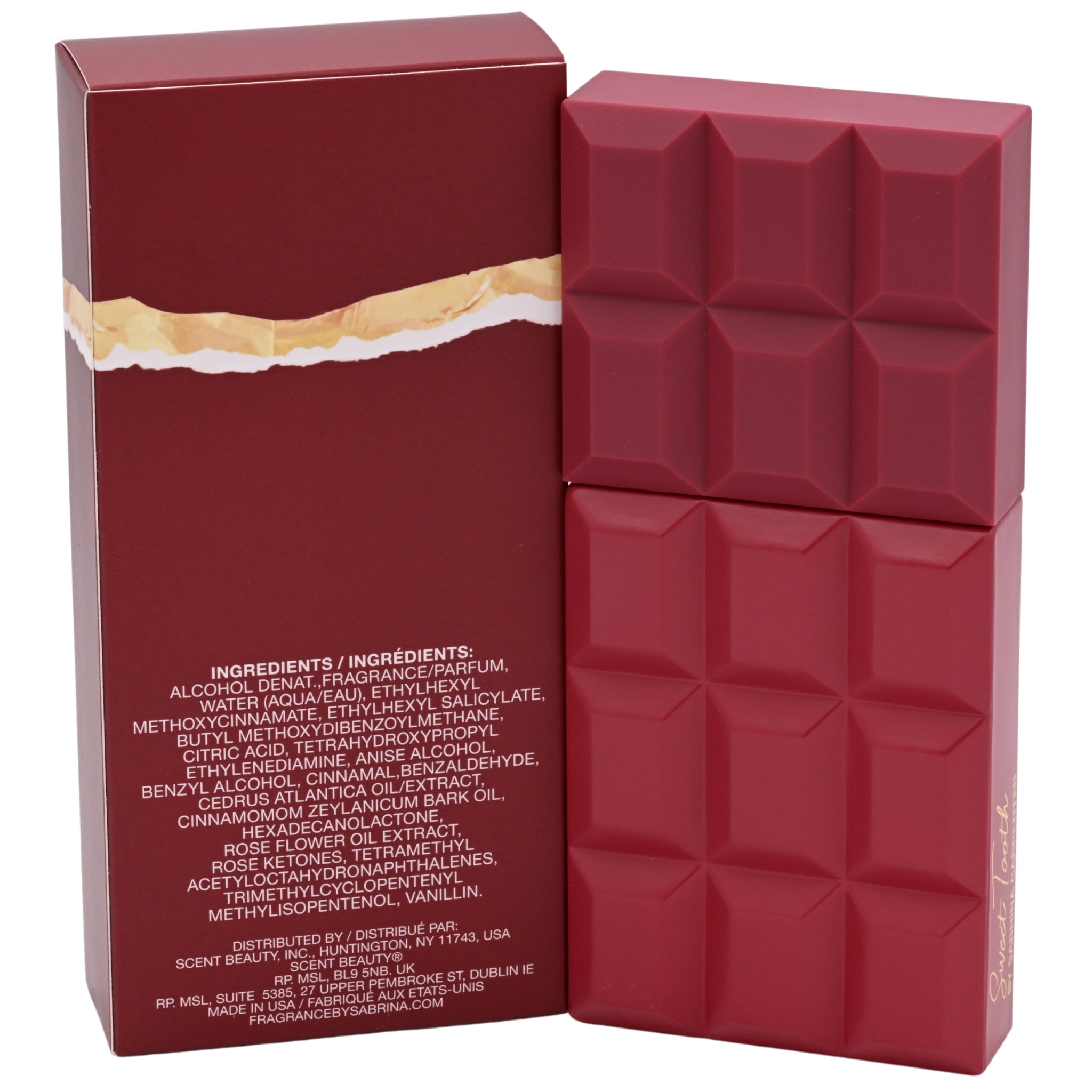 Red perfume bottle with geometric pattern next to its packaging box on a white background