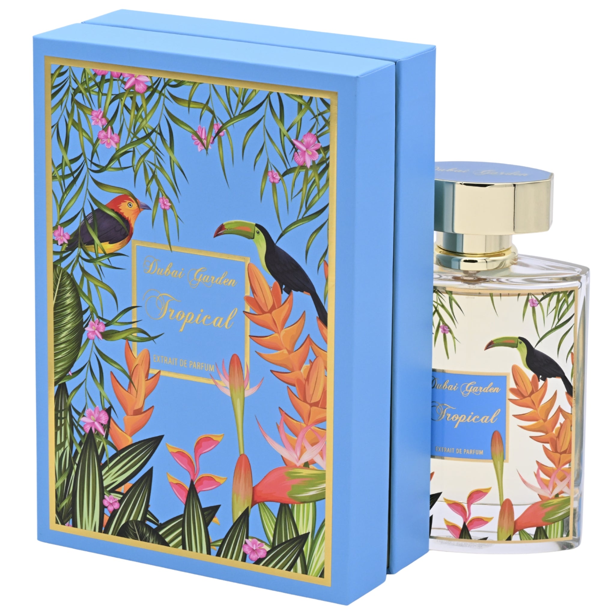 Perfume bottle with tropical design and matching box on a white background