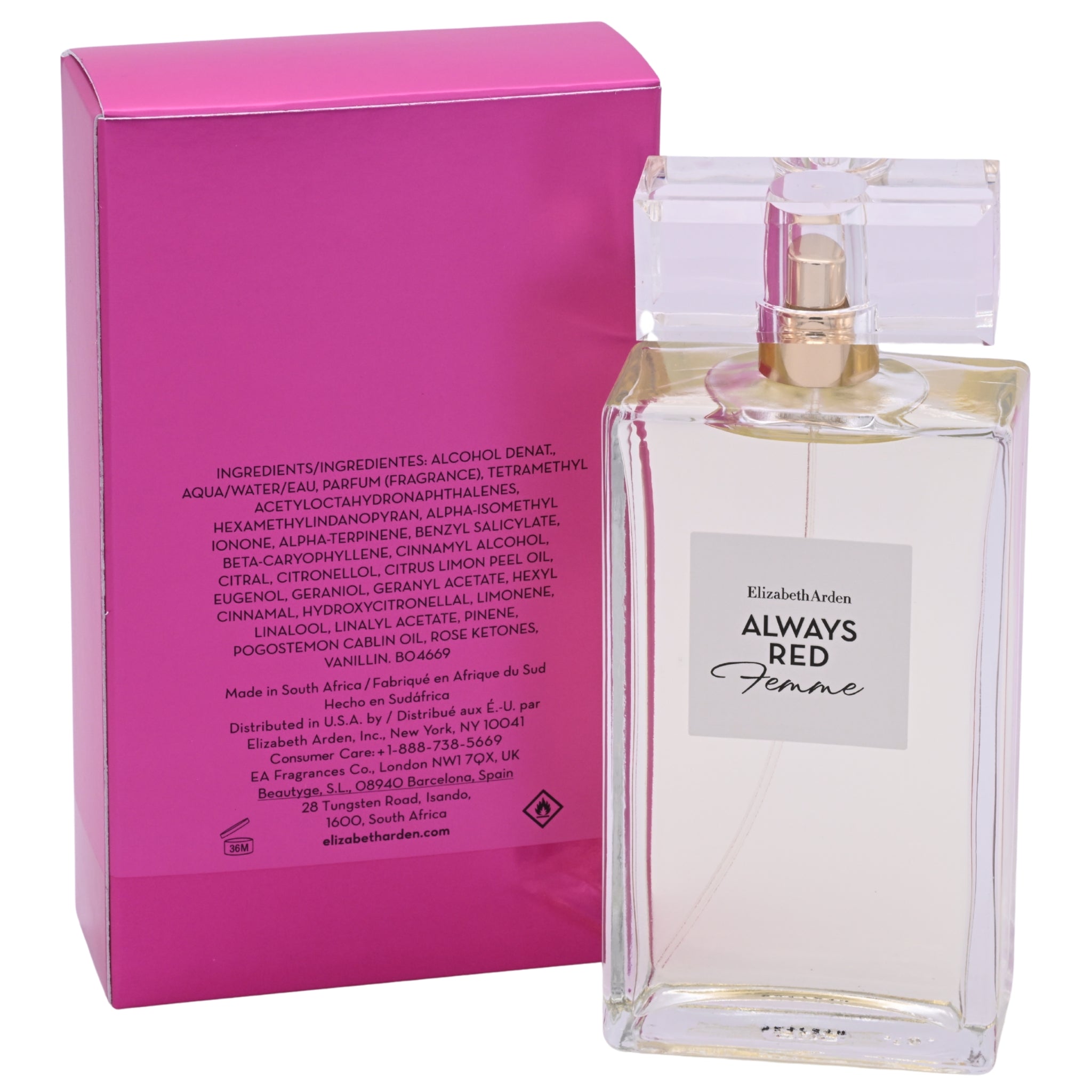 Elizabeth Arden Always Red Femme perfume bottle with pink packaging on a white background