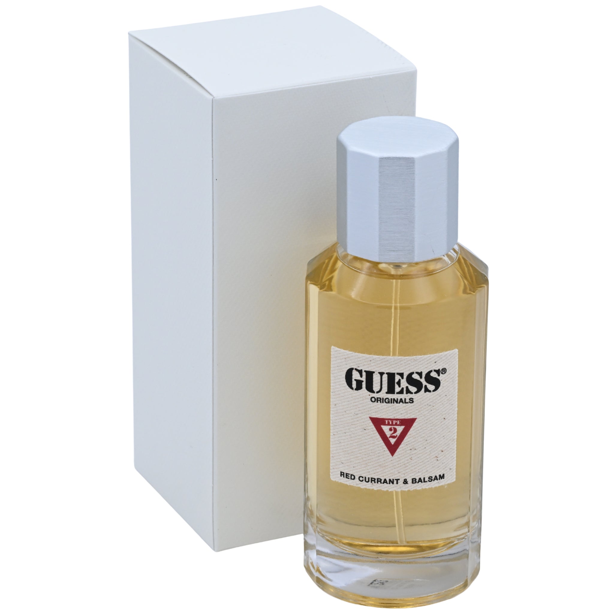 Guess perfume bottle with white cap and white box on a white background