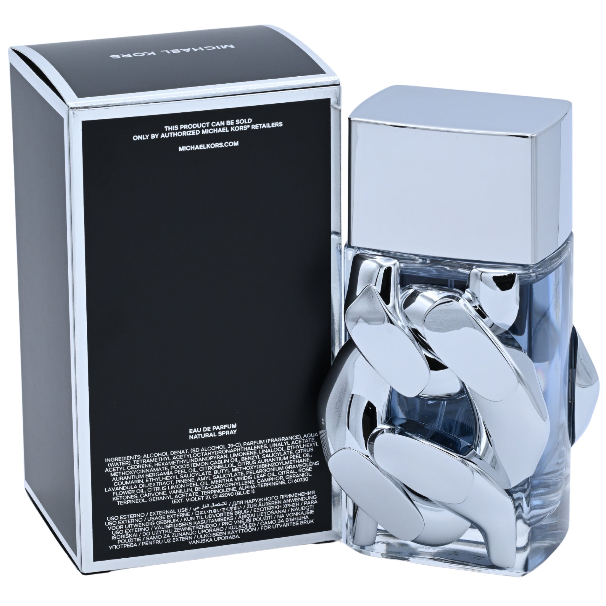 Silver perfume bottle with unique design and packaging on a white background