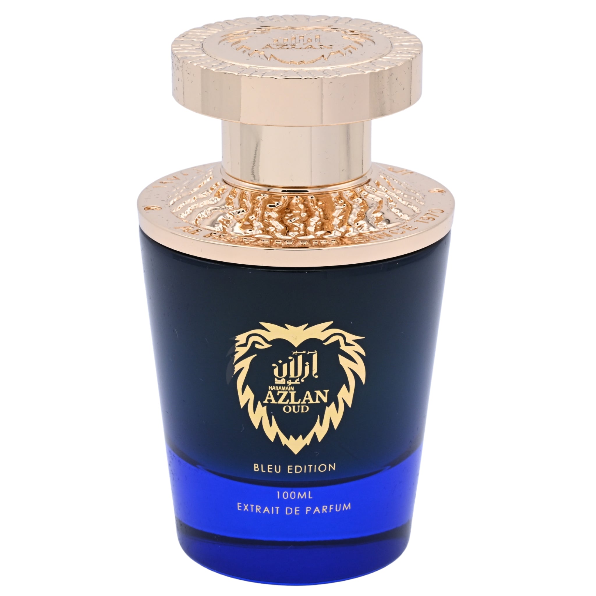 Perfume bottle with gold cap and blue body on a white background