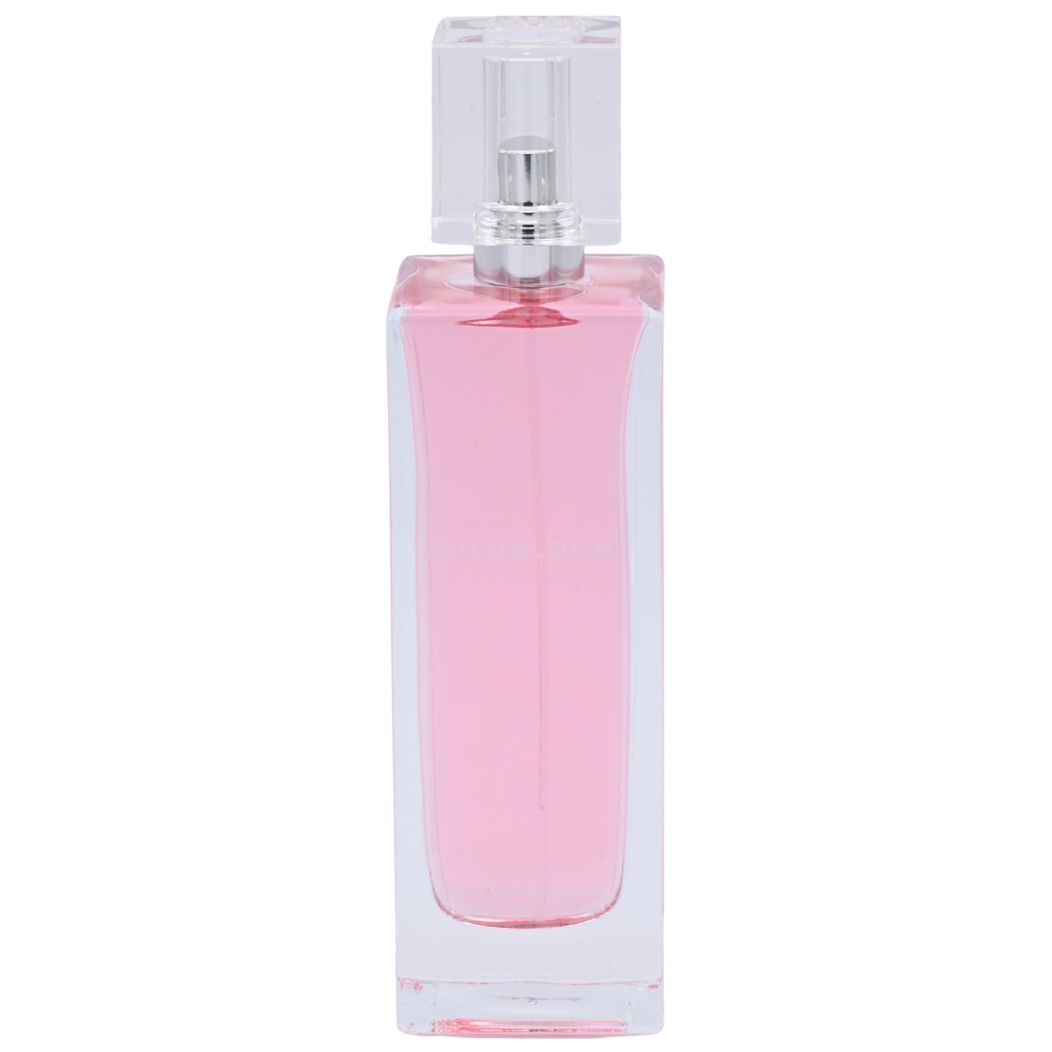 Pink perfume bottle with clear cap on a white background