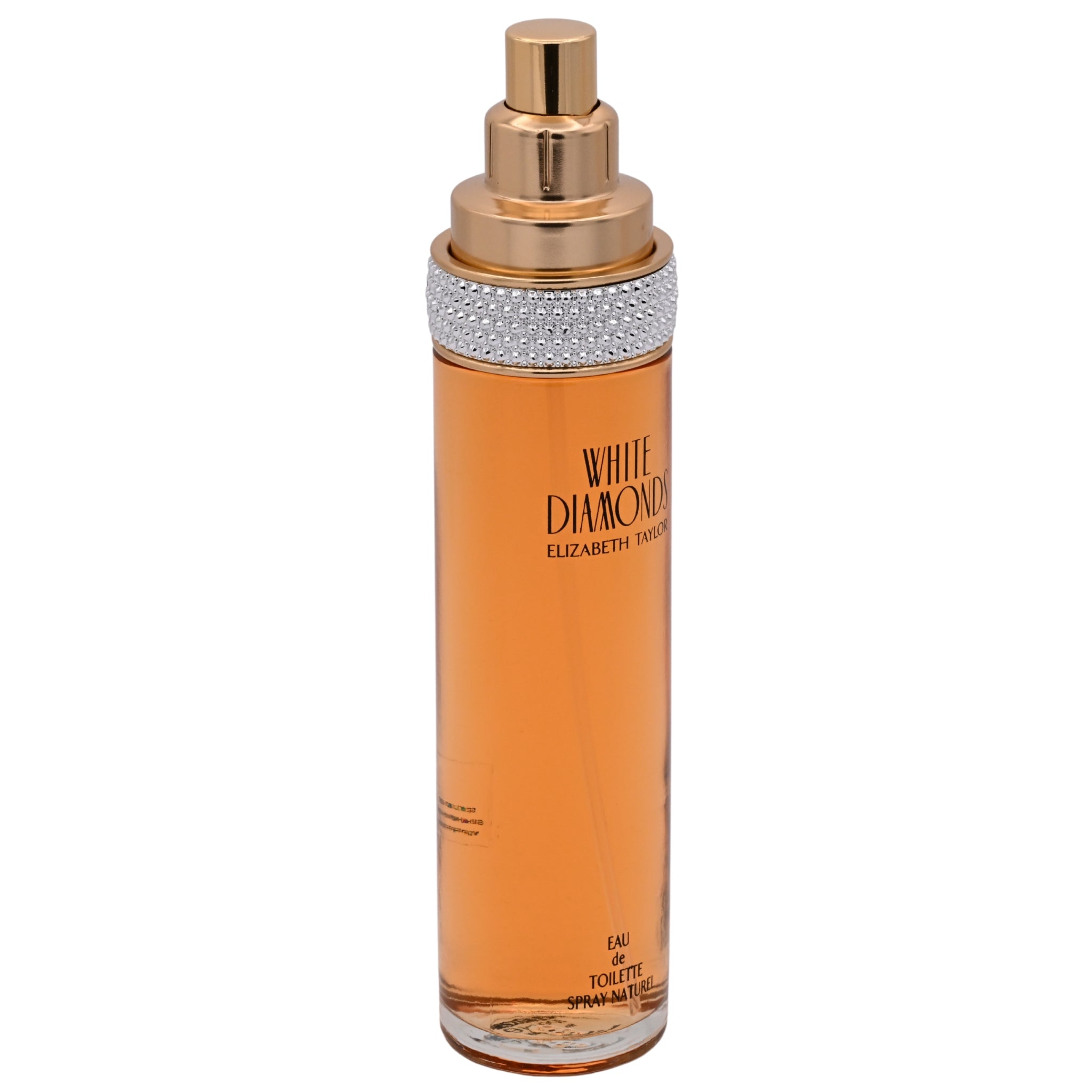 Perfume bottle with gold cap and orange body on a white background