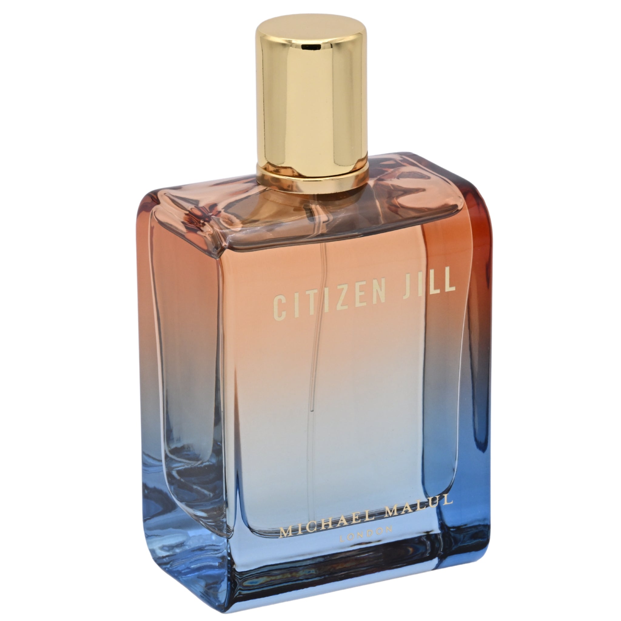 Perfume bottle with gradient design and gold cap on a white background