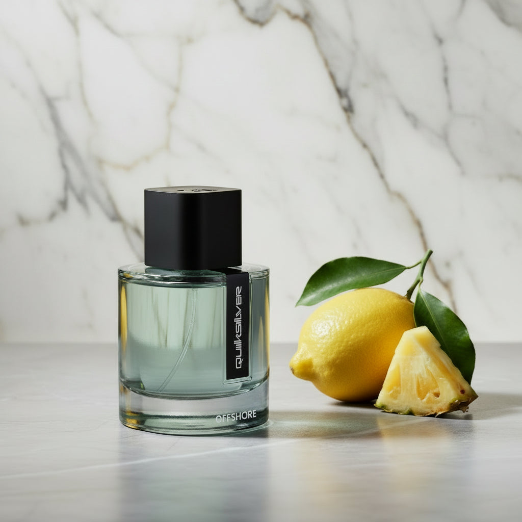 Clear perfume bottle with black cap and 'Quiksilver' branding on a white background
