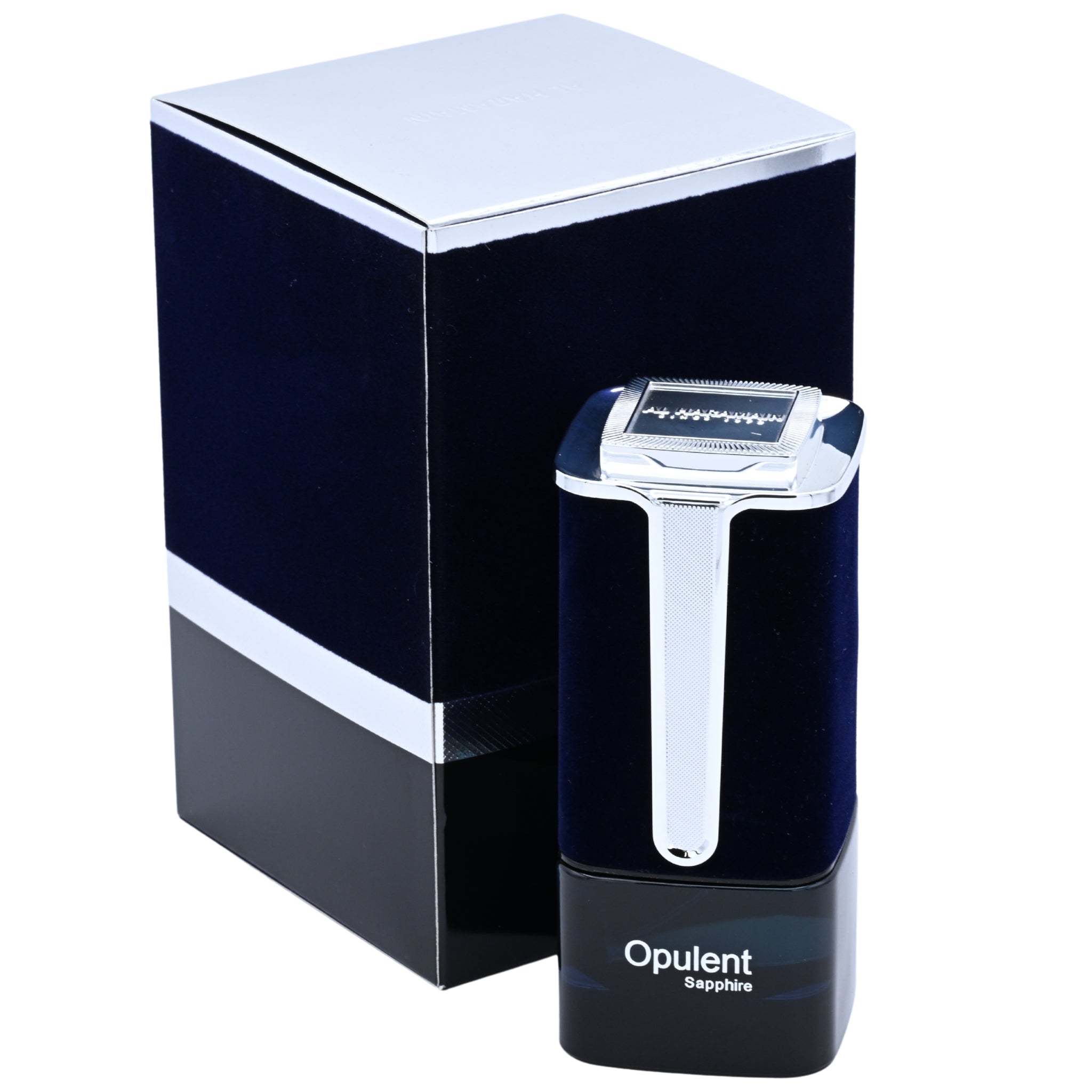 Al Haramain Opulent Sapphire perfume bottle and packaging on a white background