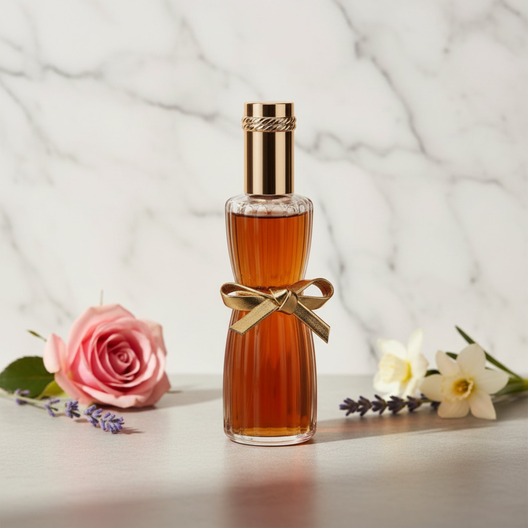 Brown perfume bottle with gold cap and ribbon on a white background
