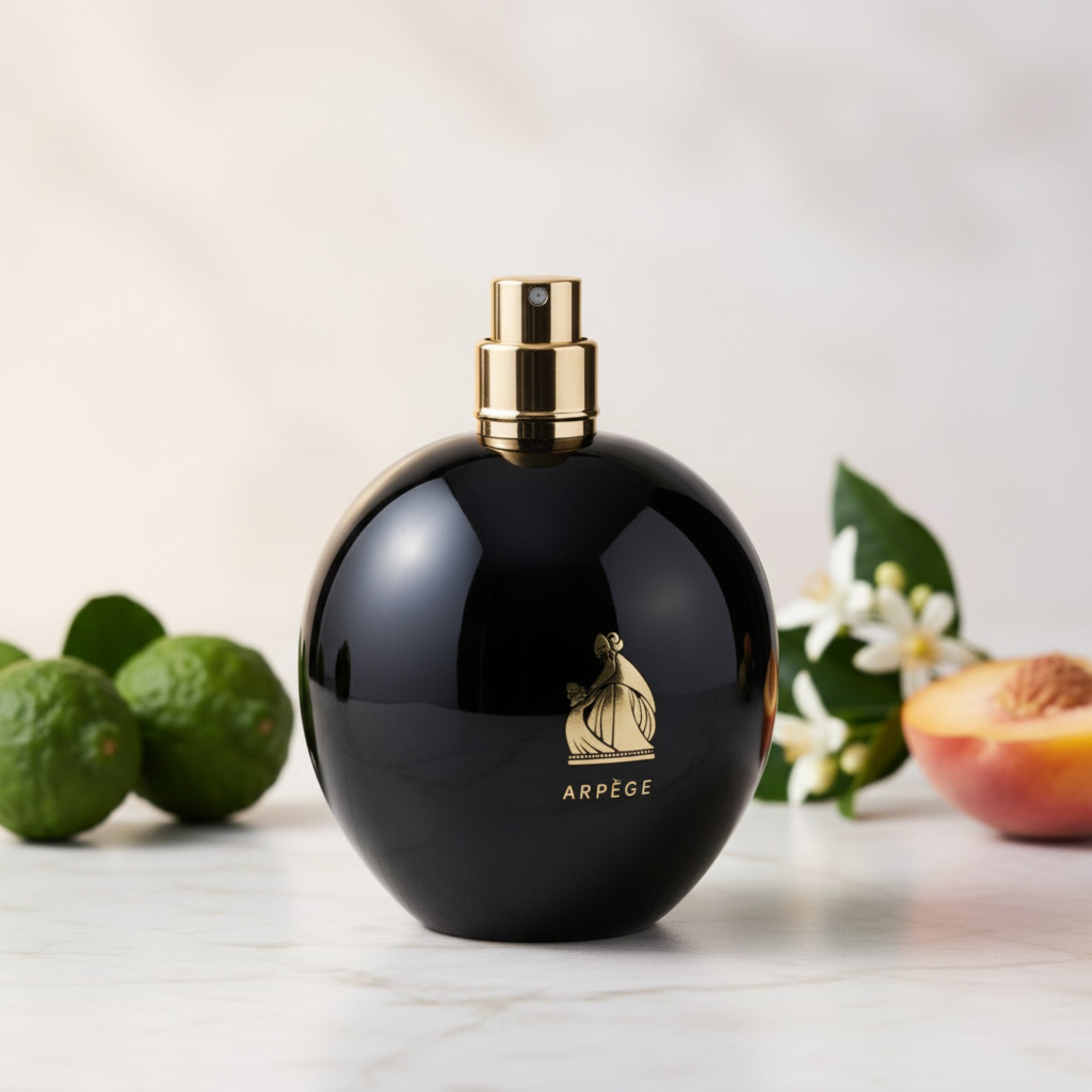 Black perfume bottle with gold cap and Arpege logo on a white background