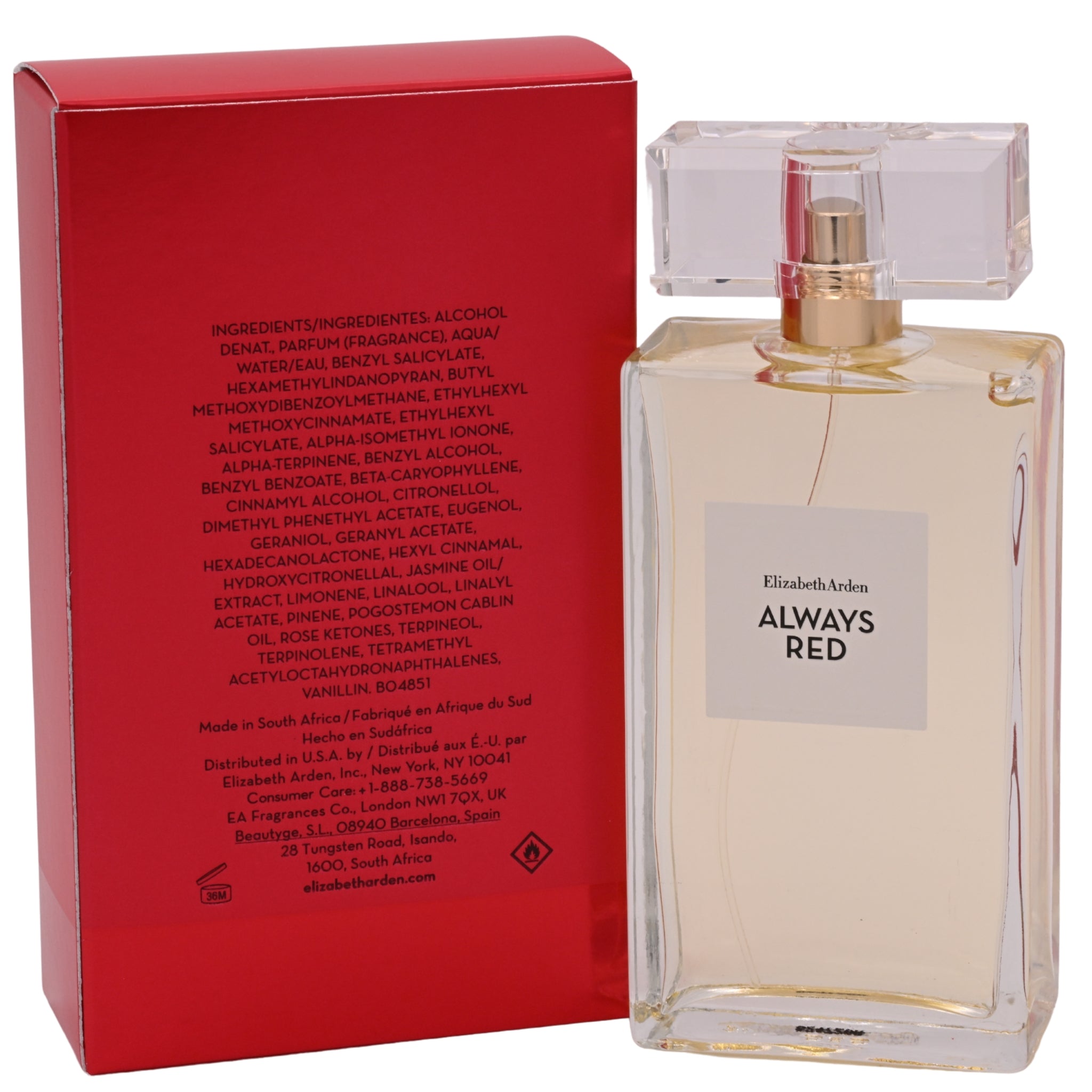 Elizabeth Arden Always Red perfume bottle and packaging on a white background