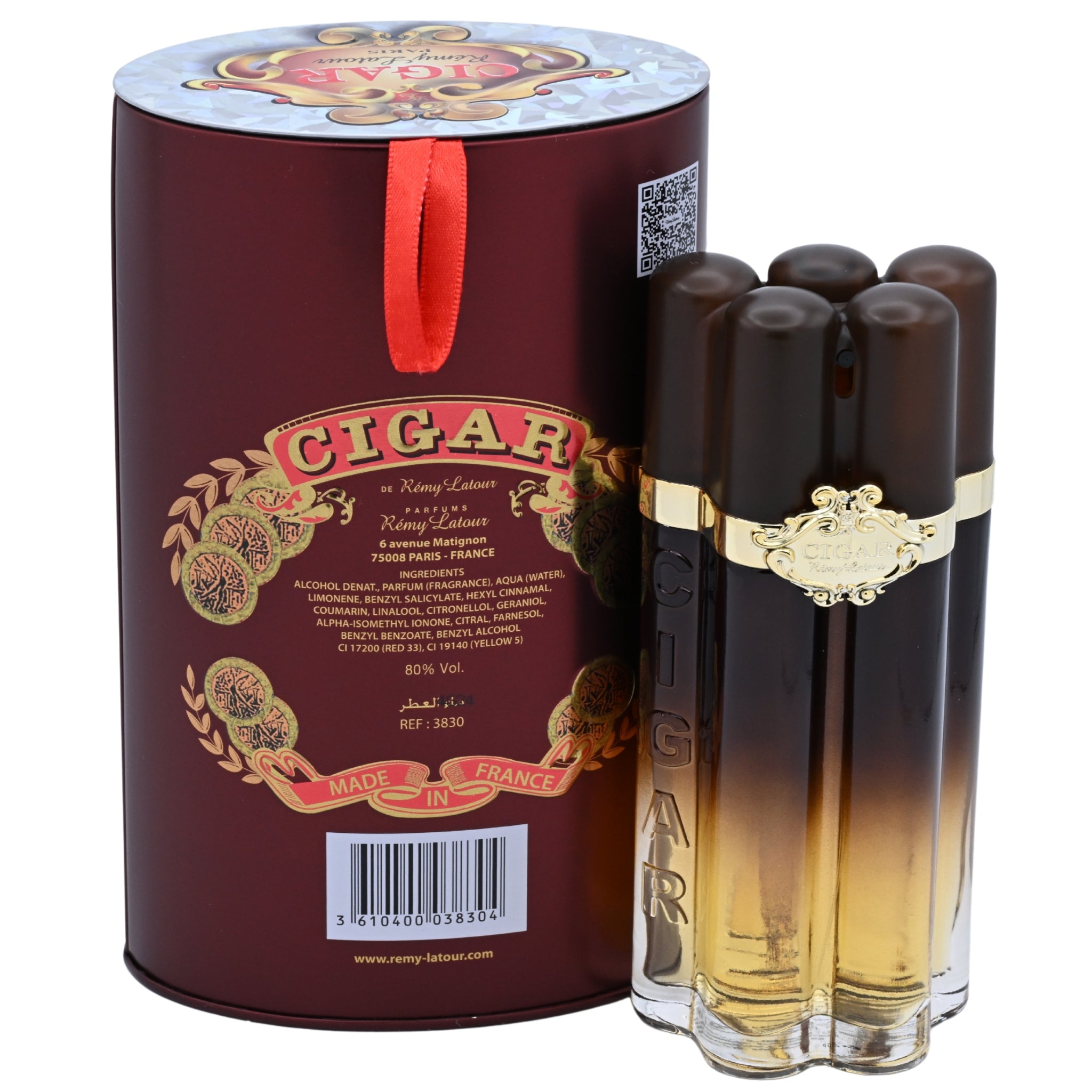 Cigar-shaped perfume bottles with decorative packaging on a white background
