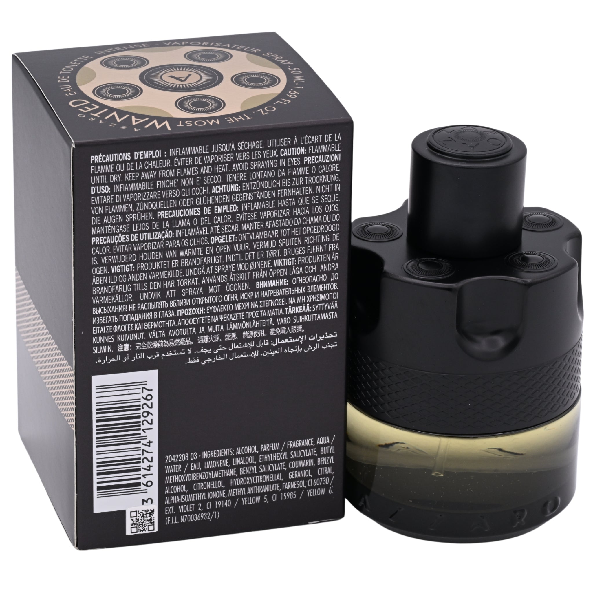 Black perfume bottle and packaging with detailed text on a white background