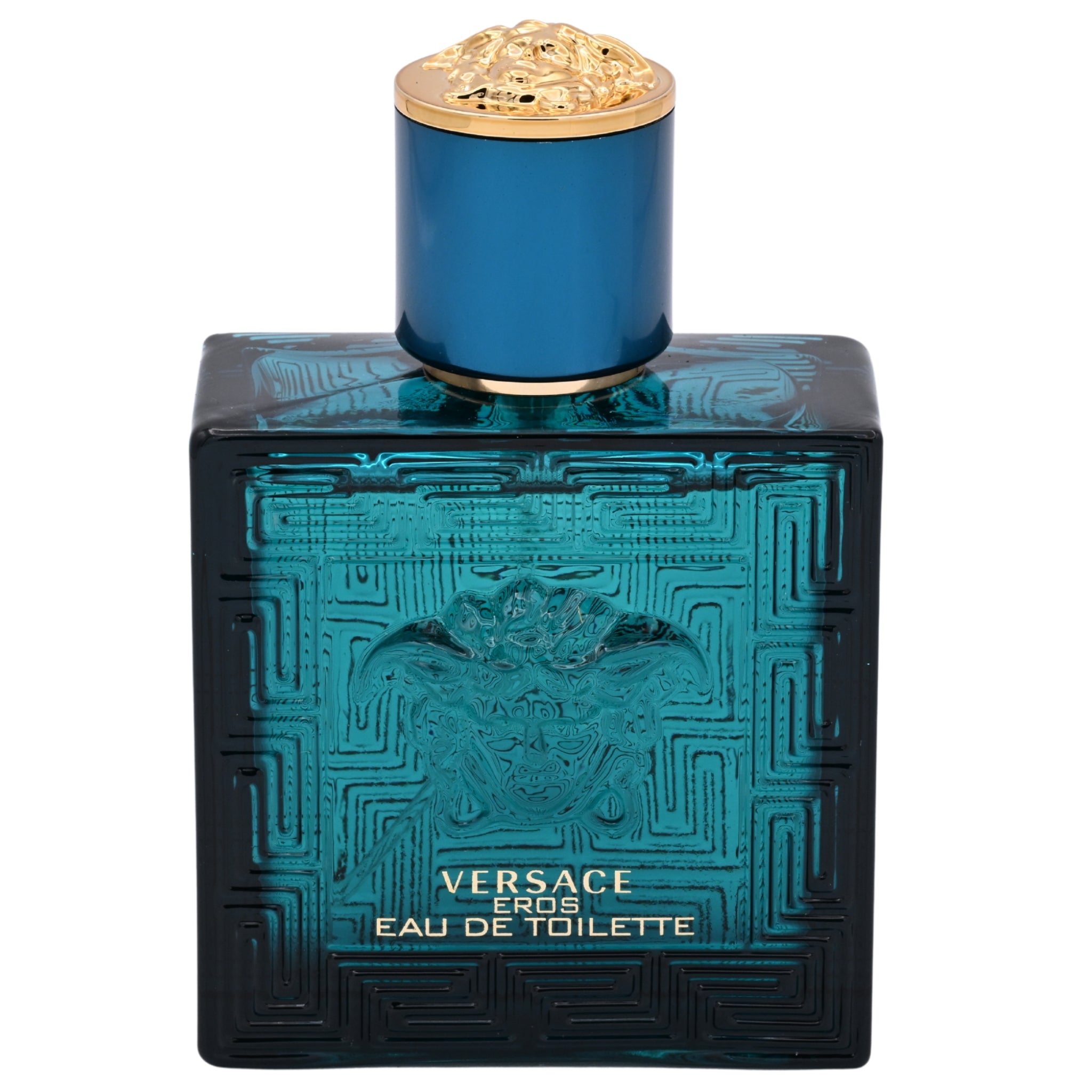 Versace Eros Eau de Toilette bottle with blue and gold design on a white background