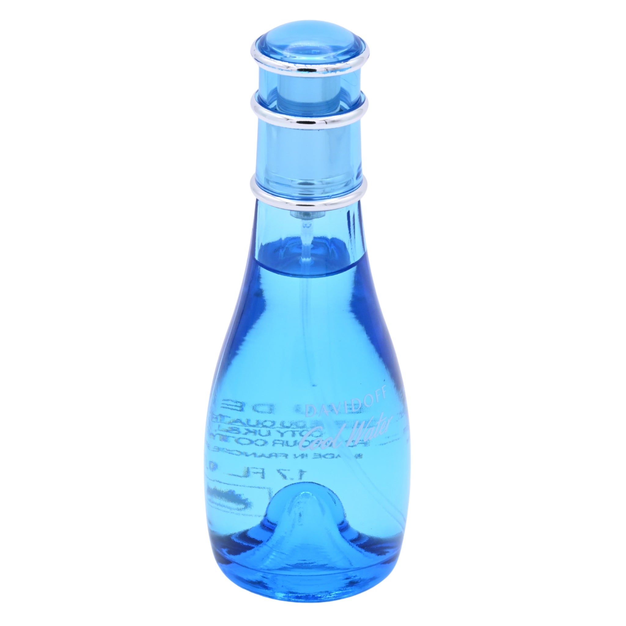 Blue perfume bottle with silver cap on a white background
