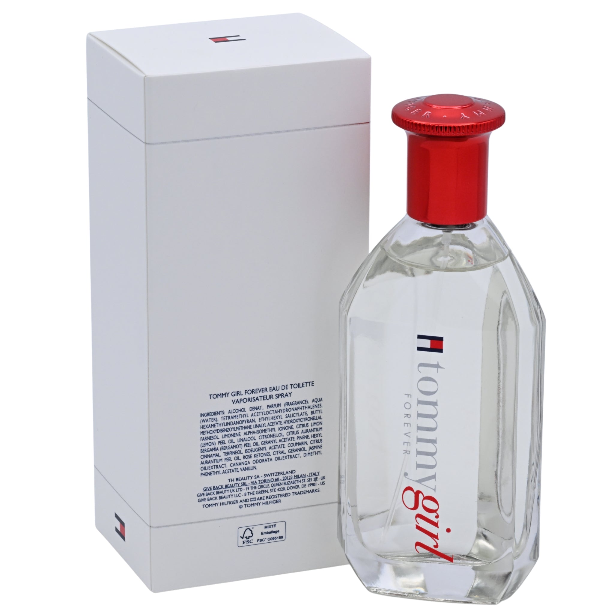 Tommy Hilfiger perfume bottle with red cap and white box on a white background