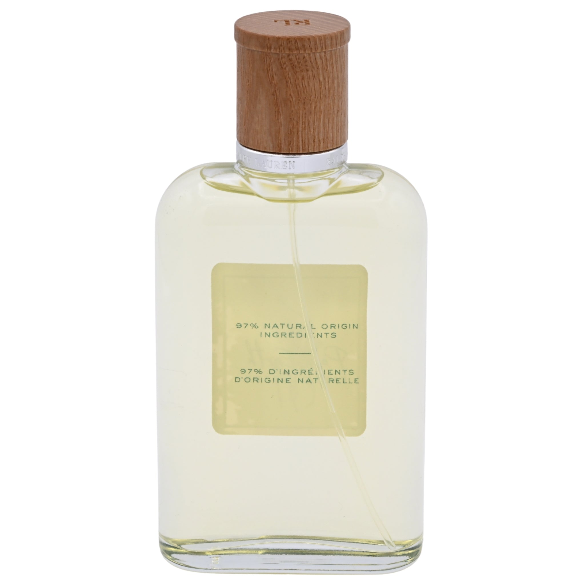 Clear glass perfume bottle with wooden cap on a white background