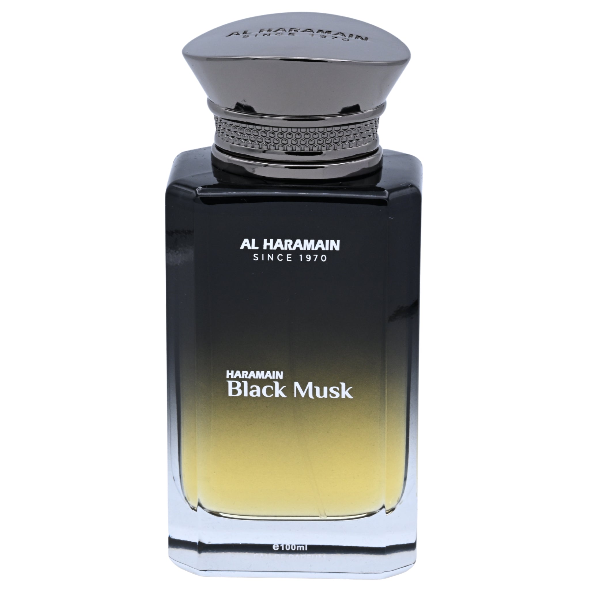 Perfume bottle labeled 'Haramain Black Musk' on a white background
