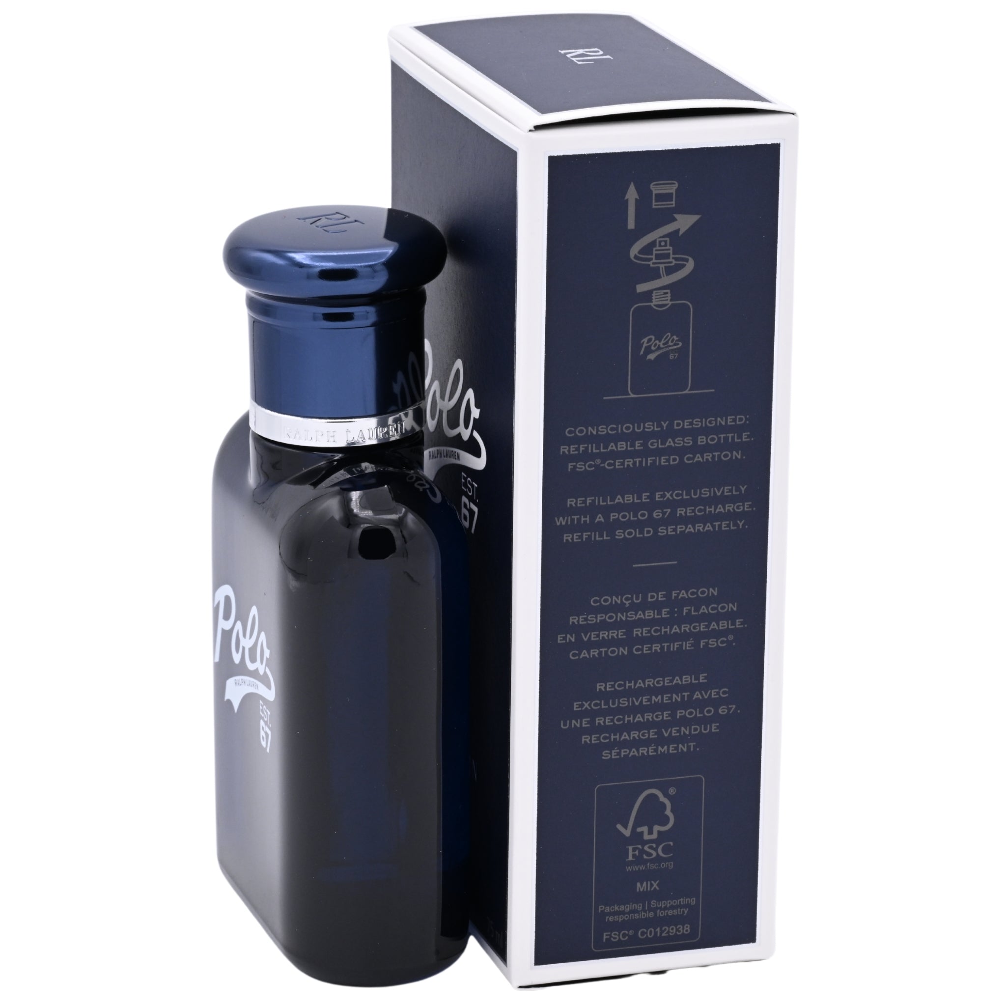 Blue Polo perfume bottle with packaging on a white background