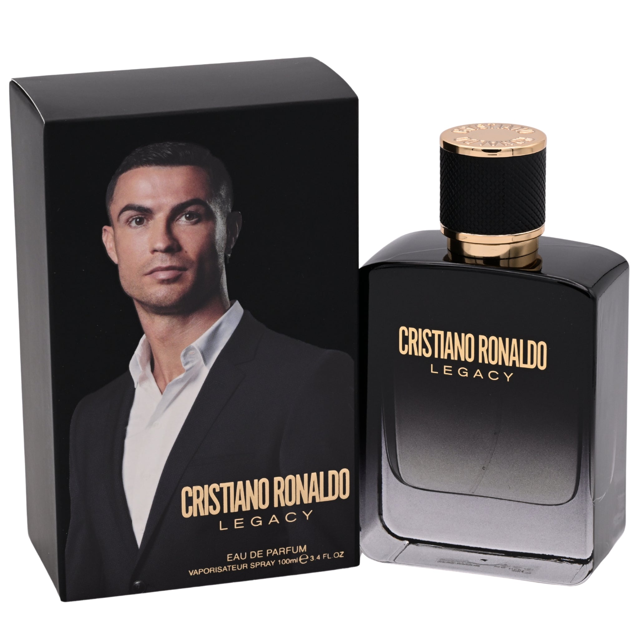 Cristiano Ronaldo Legacy perfume bottle and packaging on a white background