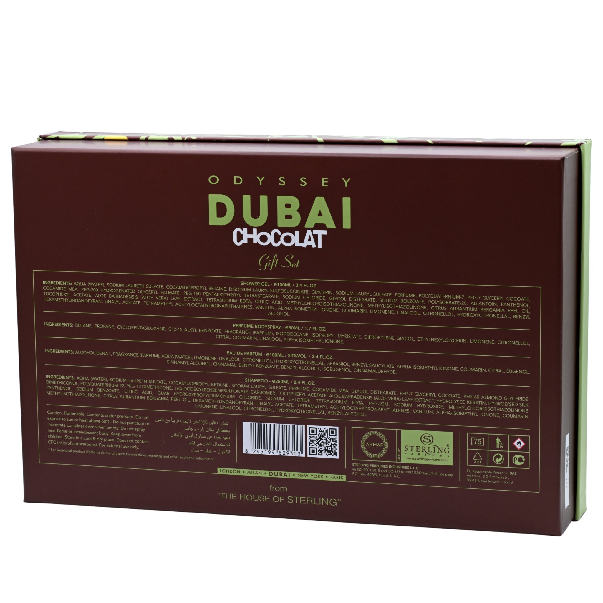 Odyssey Dubai Chocolat gift set packaging with branding and product details.