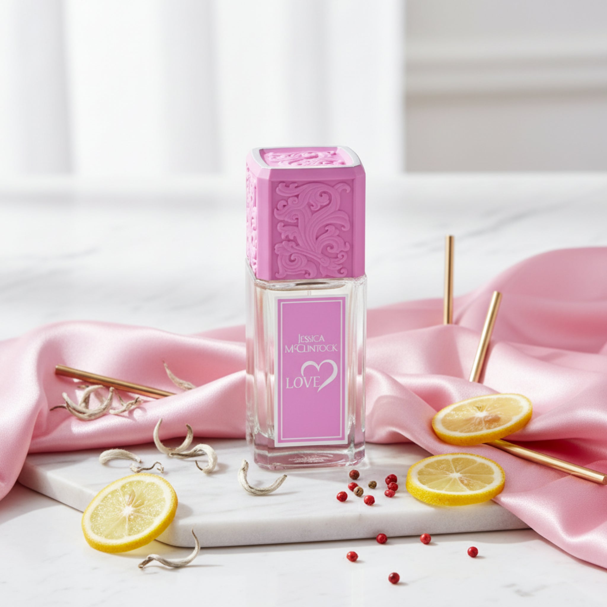 Perfume bottle with pink cap and label on a white background