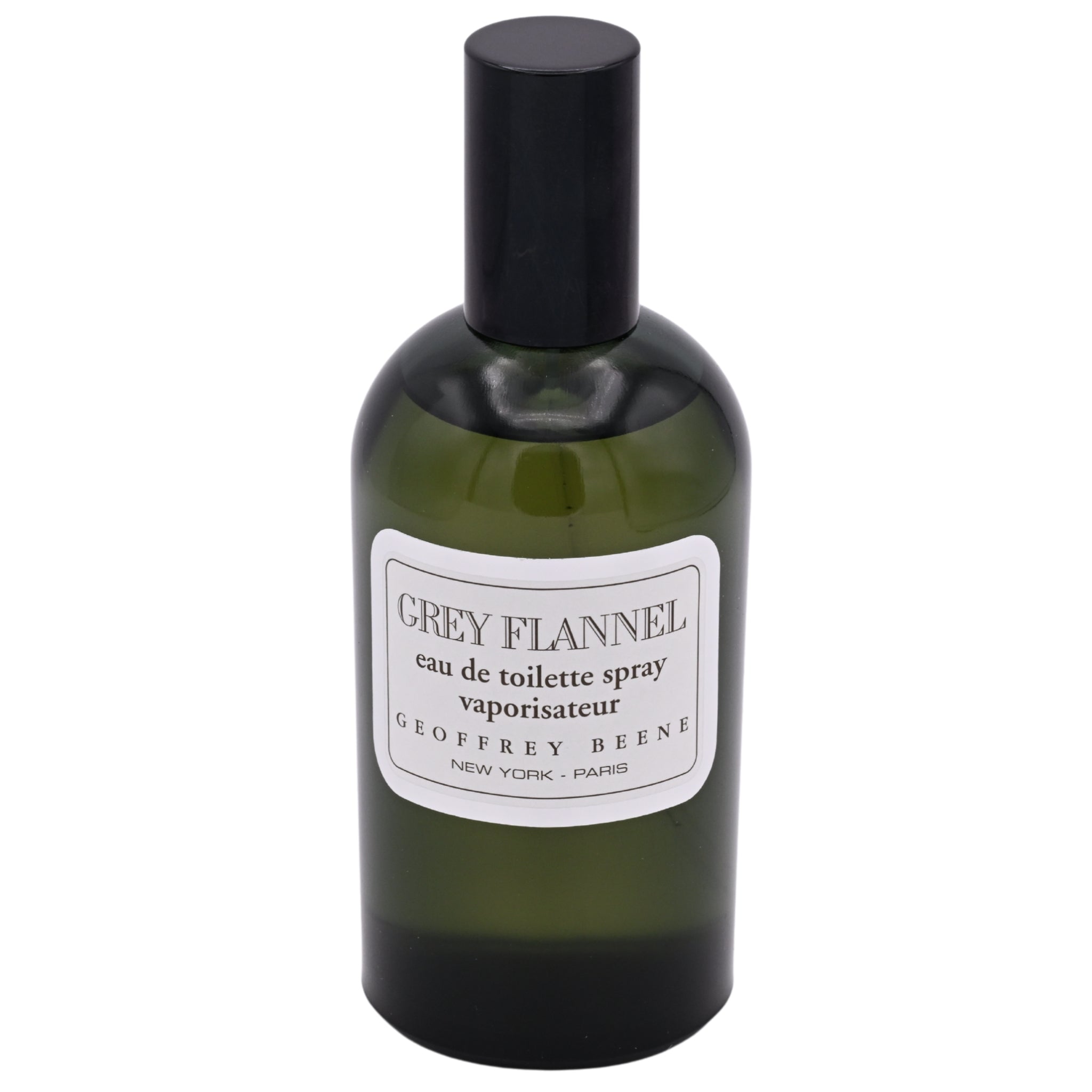 Green bottle of Grey Flannel eau de toilette spray by Geoffrey Beene on a white background
