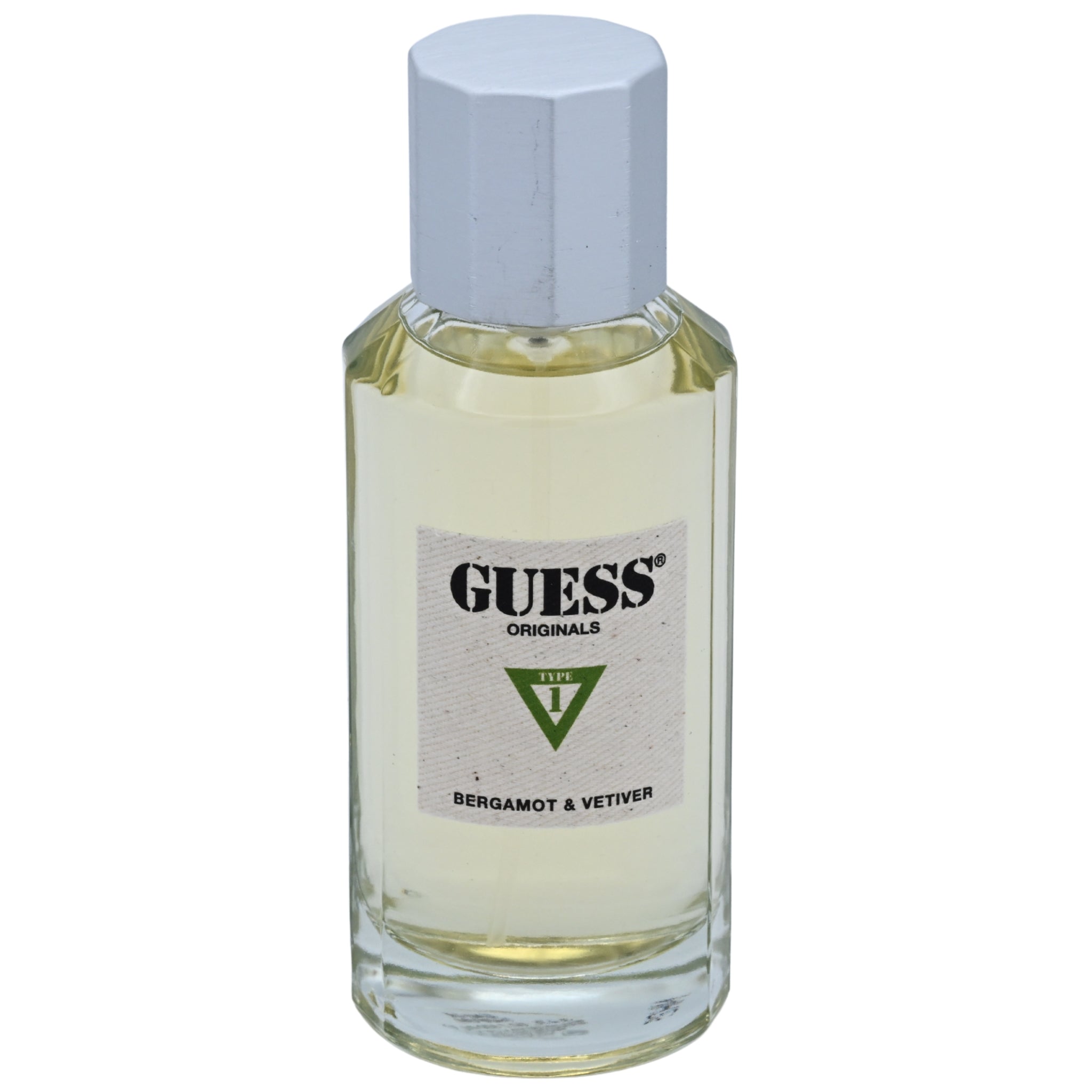 Perfume bottle labeled 'Guess' on a white background